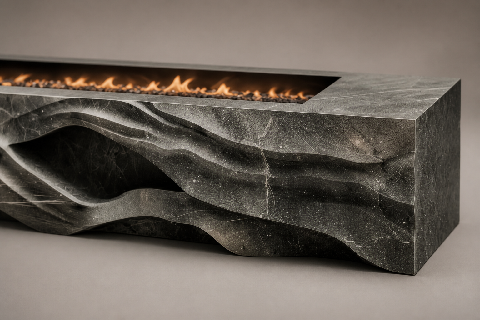 Ombria pietra grey marble fireplace by 1-OPH surface detail