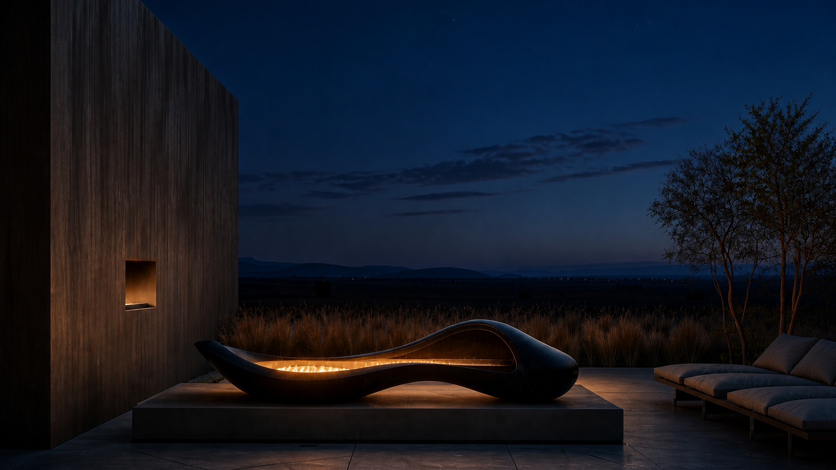 Corvara black marble fireplace by 1-OPH lit at night