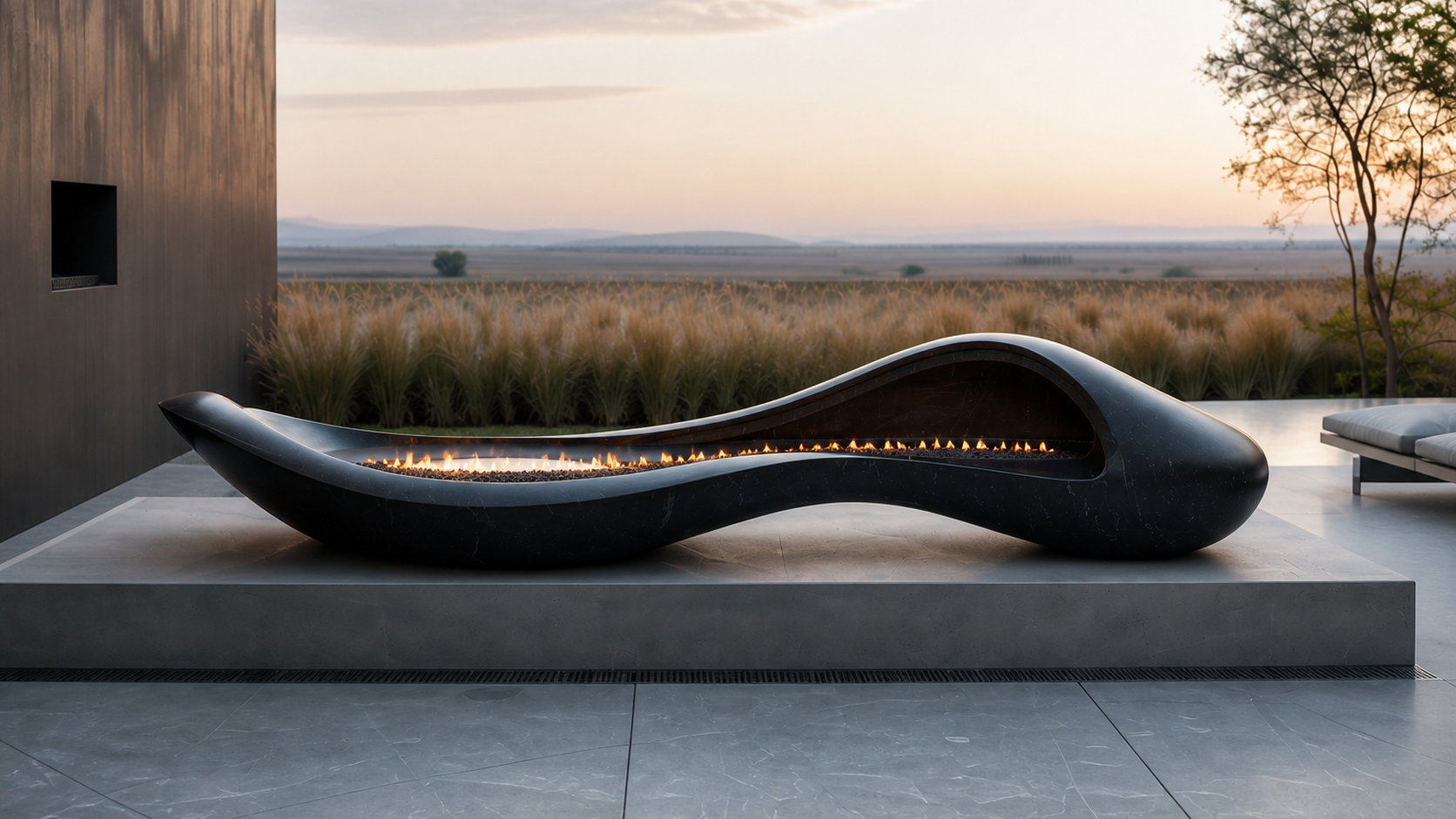Corvara black marble fireplace by 1-OPH close detail of the lit burner