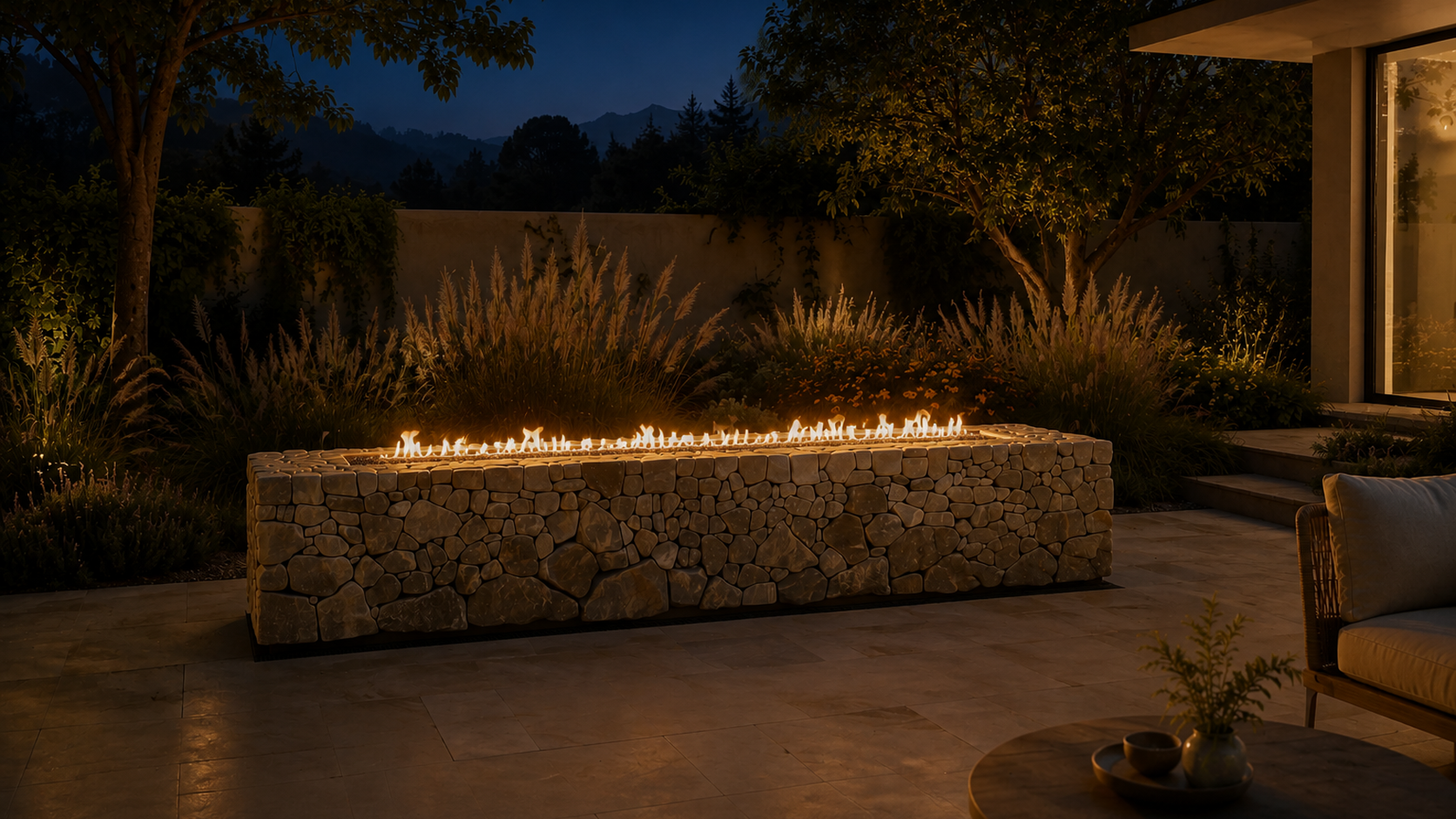 Focara dry-laid stone fireplace by 1-OPH lit at night