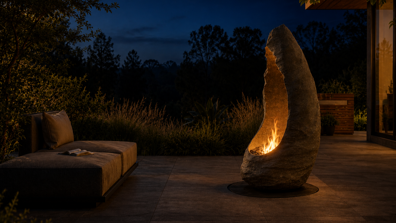 Ardora limestone fireplace by 1-OPH lit at night