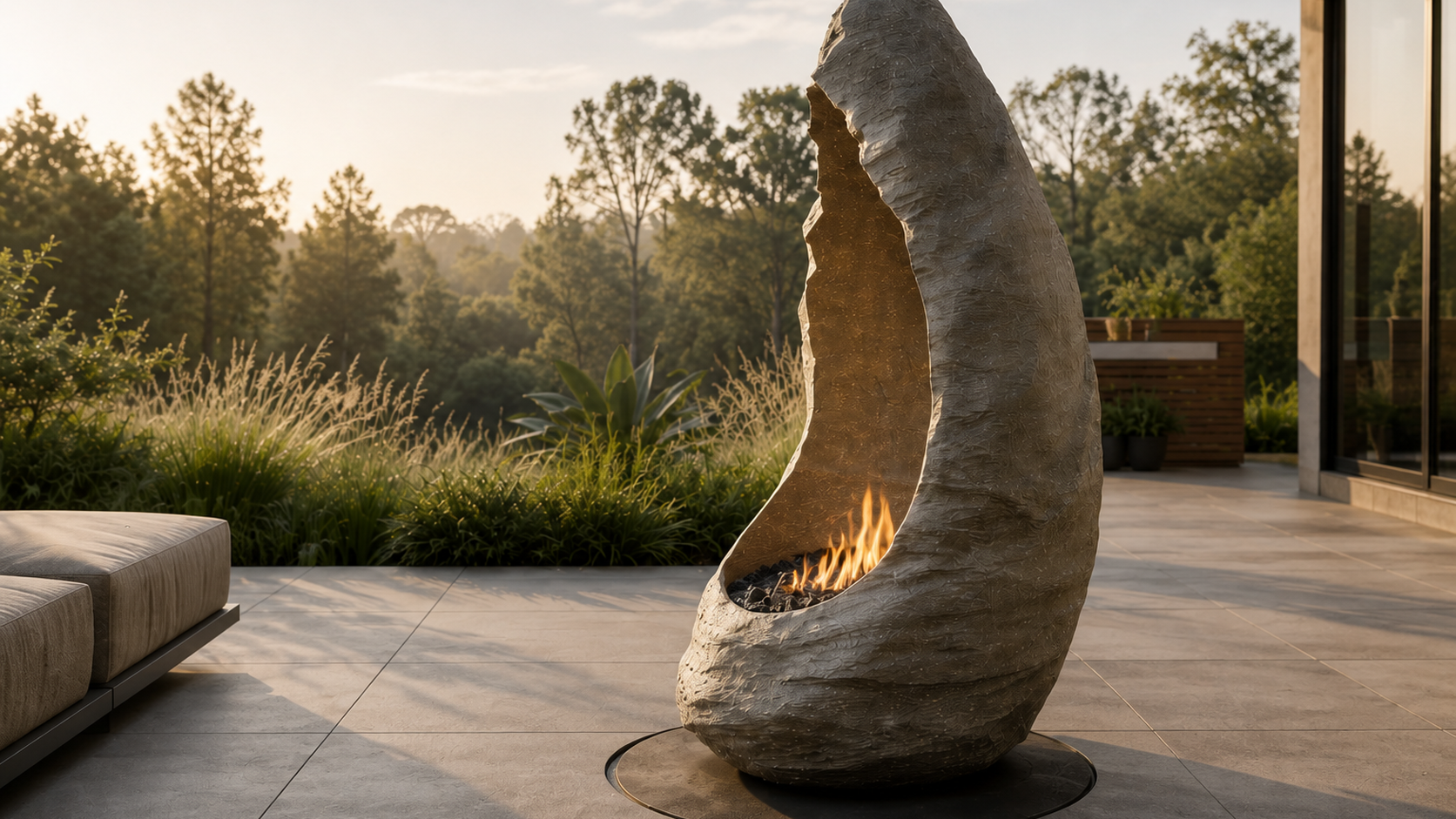 Ardora limestone fireplace by 1-OPH close detail of the lit burner