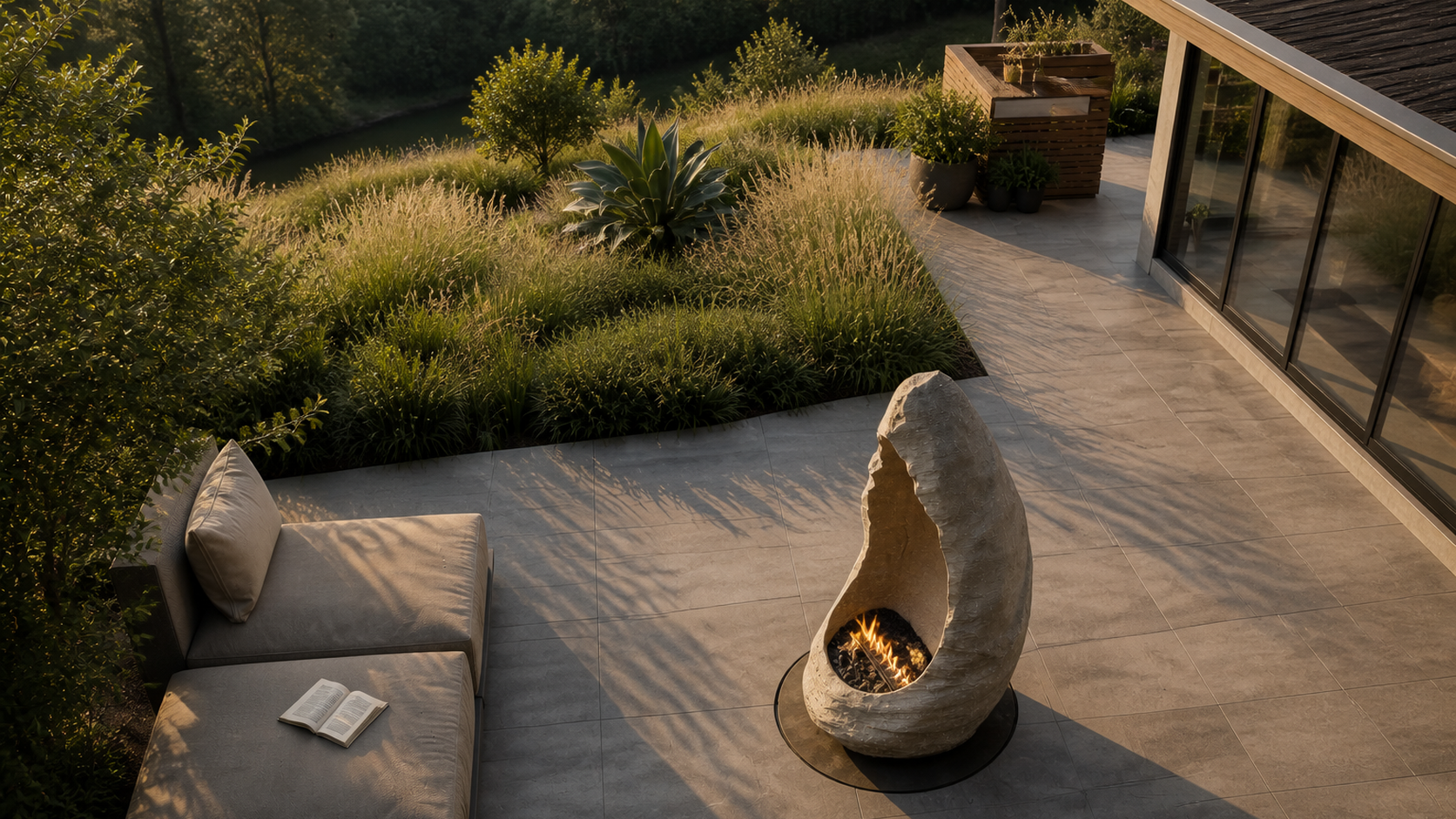 Ardora limestone fireplace by 1-OPH seen from above