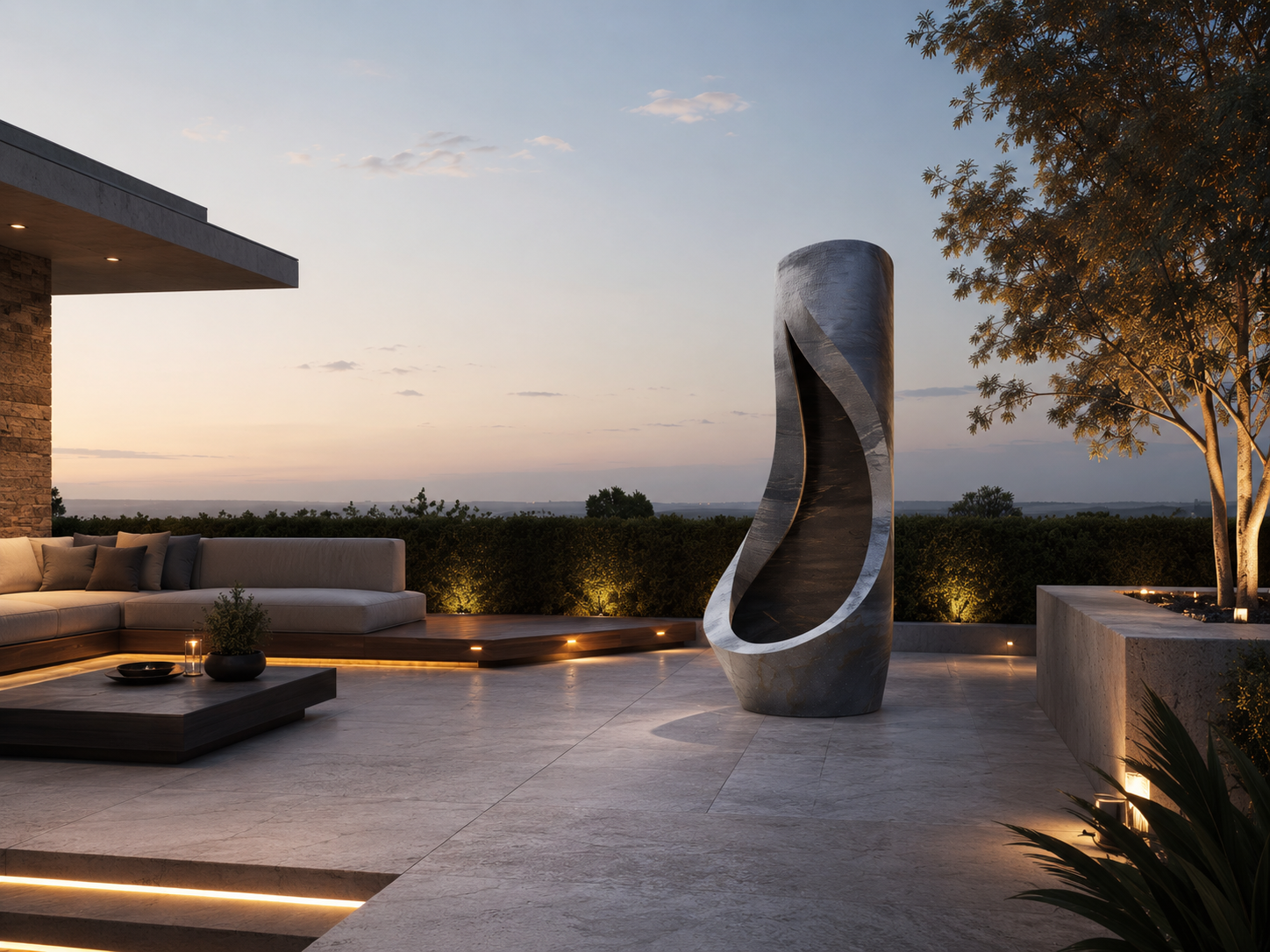 Ignara dark marble fireplace by 1-OPH in a Dubai terrace setting