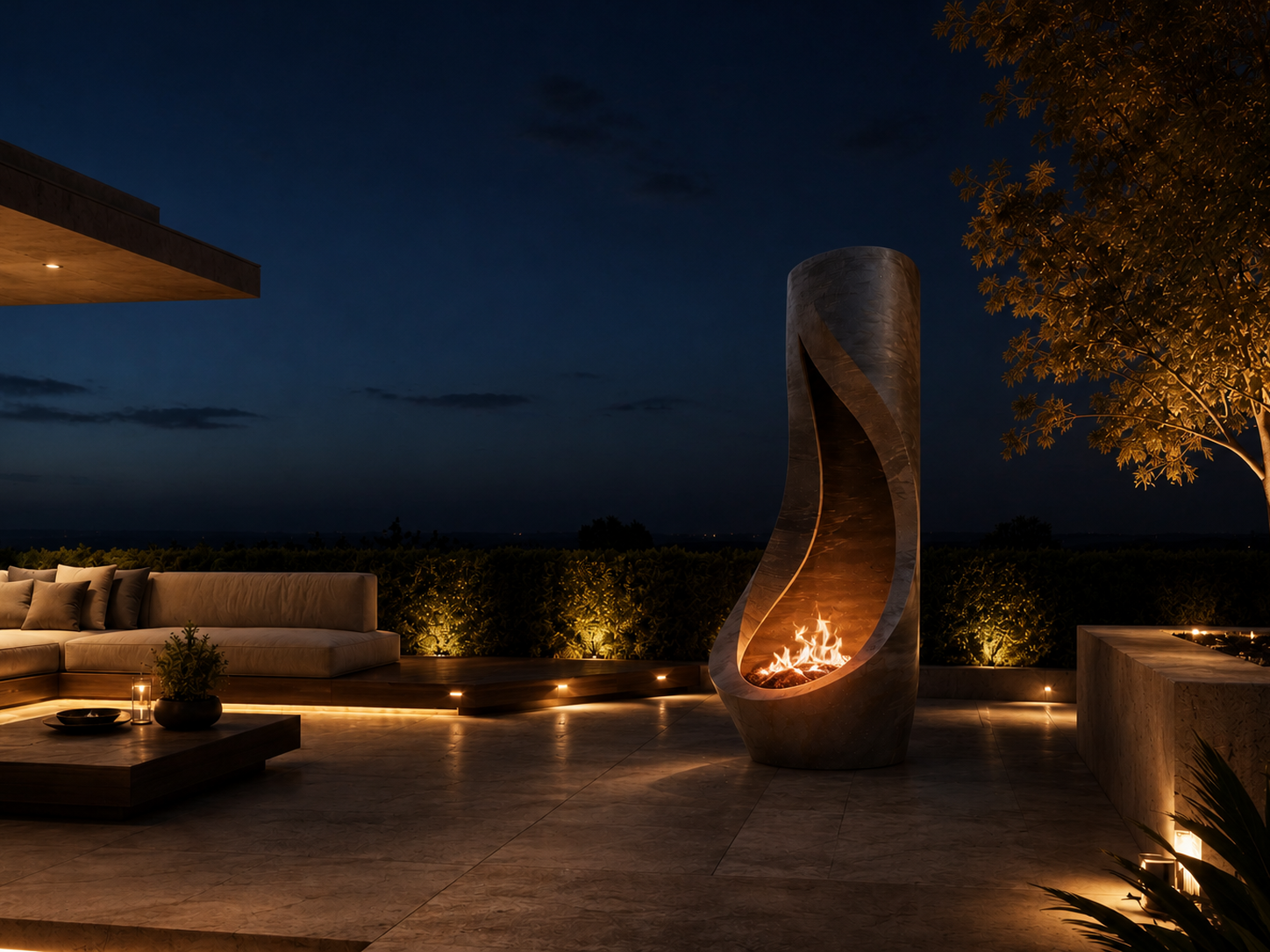 Ignara dark marble fireplace by 1-OPH lit at night
