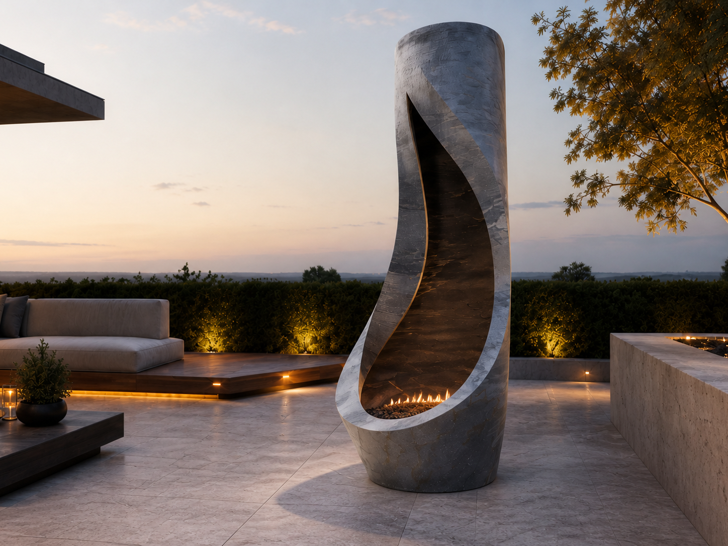 Ignara dark marble fireplace by 1-OPH close detail of the lit burner