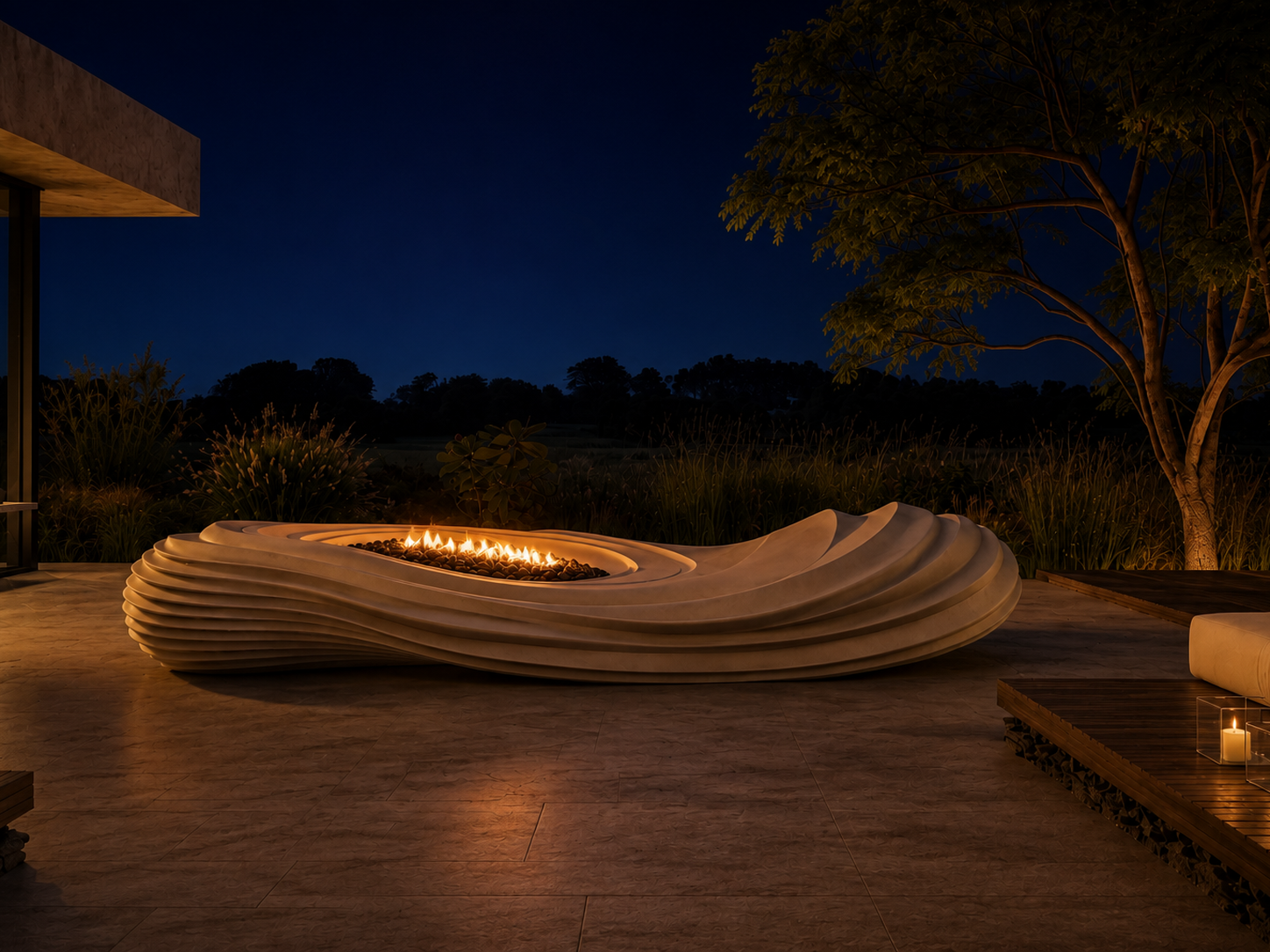 Stratena white marble fireplace by 1-OPH lit at night