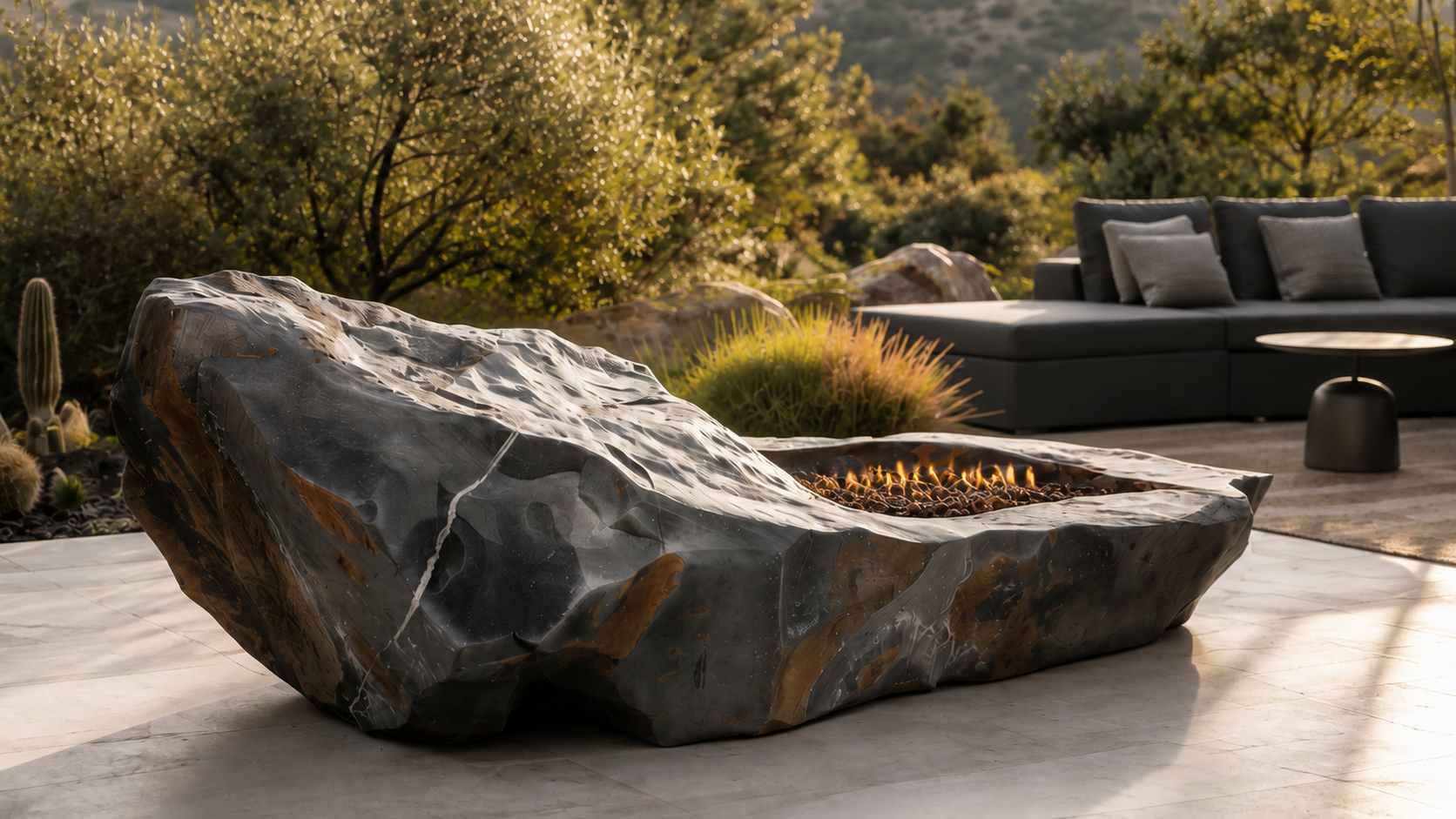 Basara dark stone fireplace by 1-OPH close detail of the lit burner