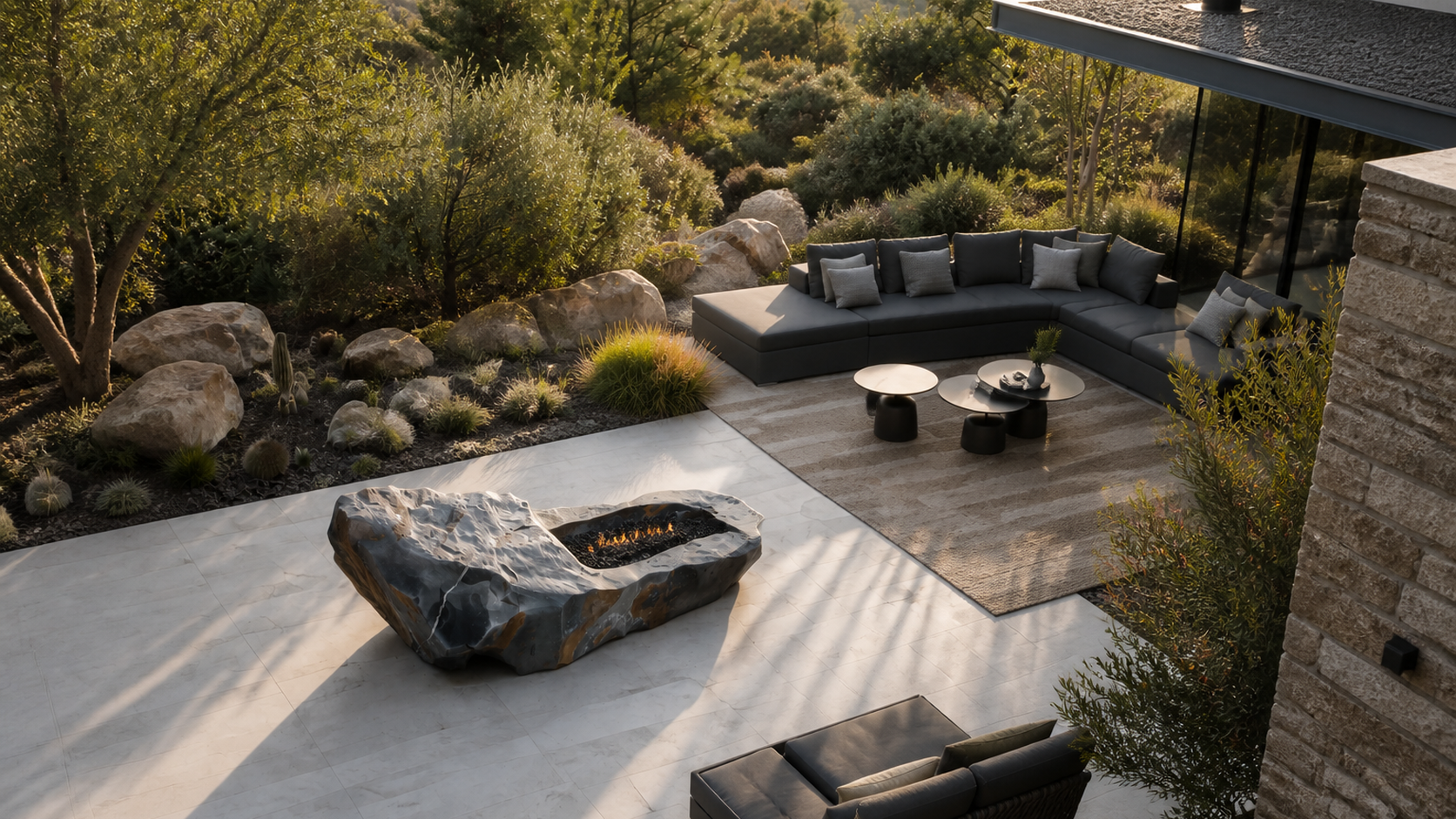 Basara dark stone fireplace by 1-OPH seen from above