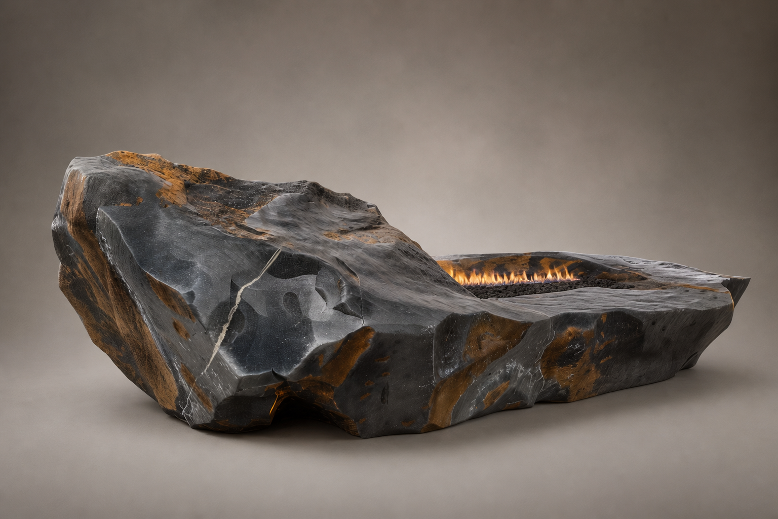 Basara dark stone fireplace by 1-OPH studio view