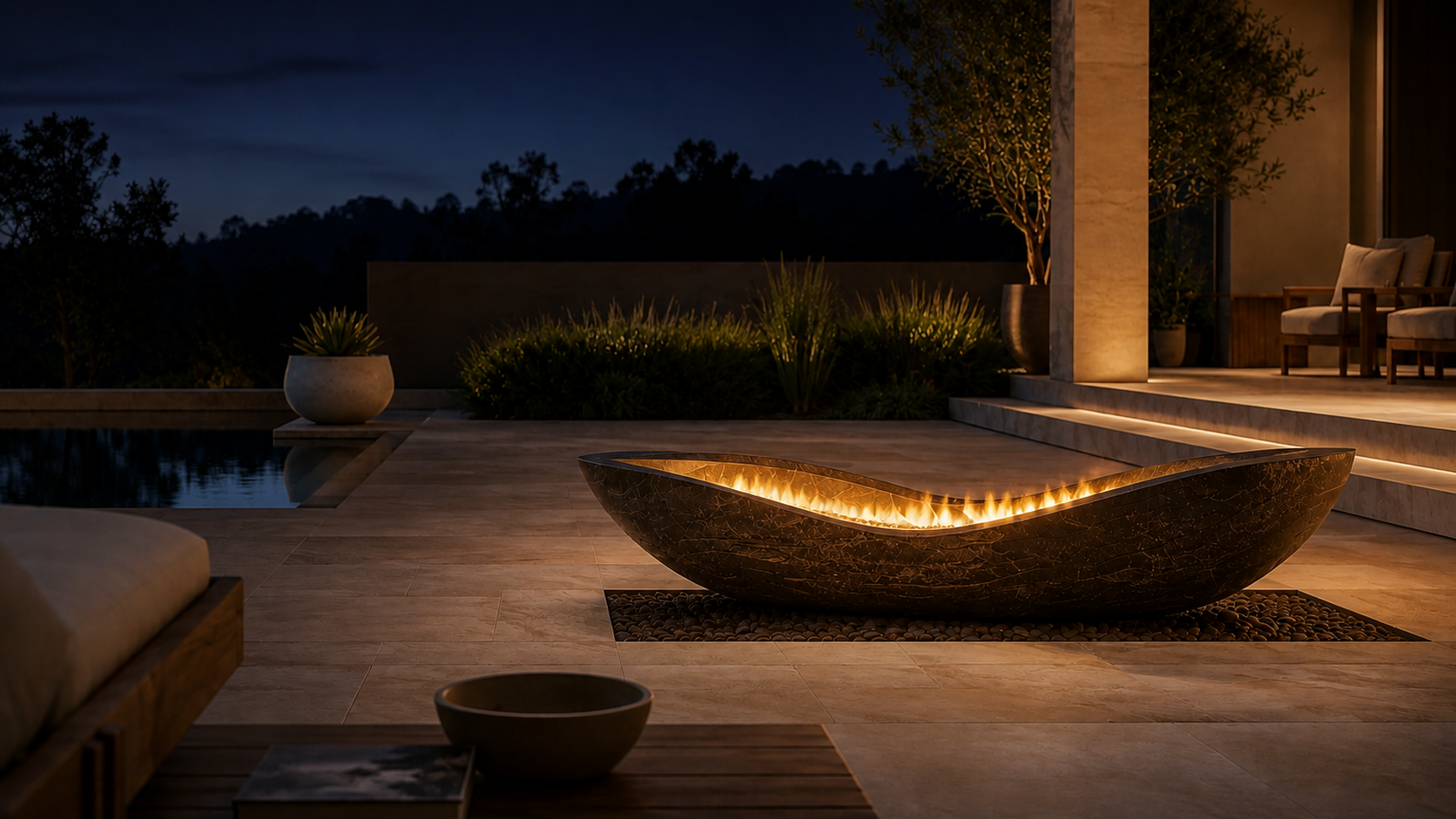 Cendra bronze-grey stone fireplace by 1-OPH lit at night