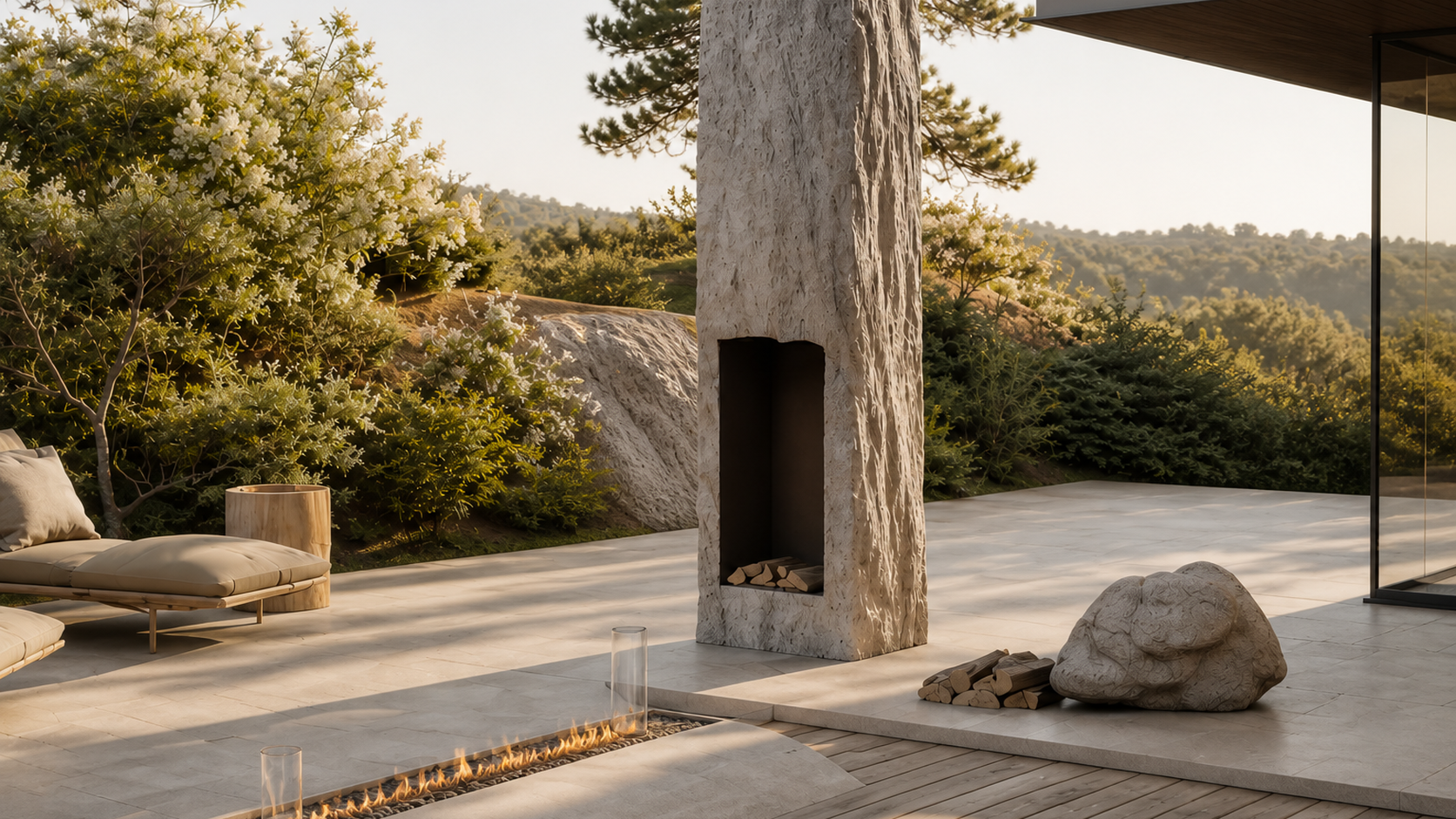 Menira white stone fireplace by 1-OPH close detail of the lit burner