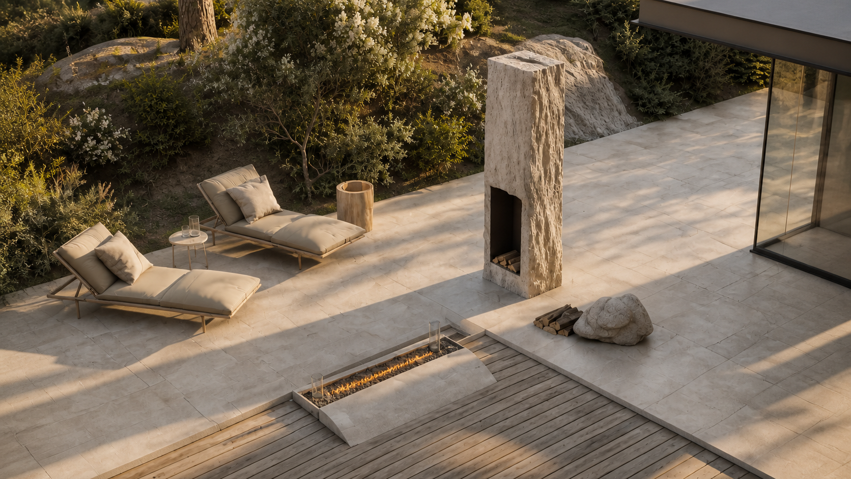 Menira white stone fireplace by 1-OPH seen from above