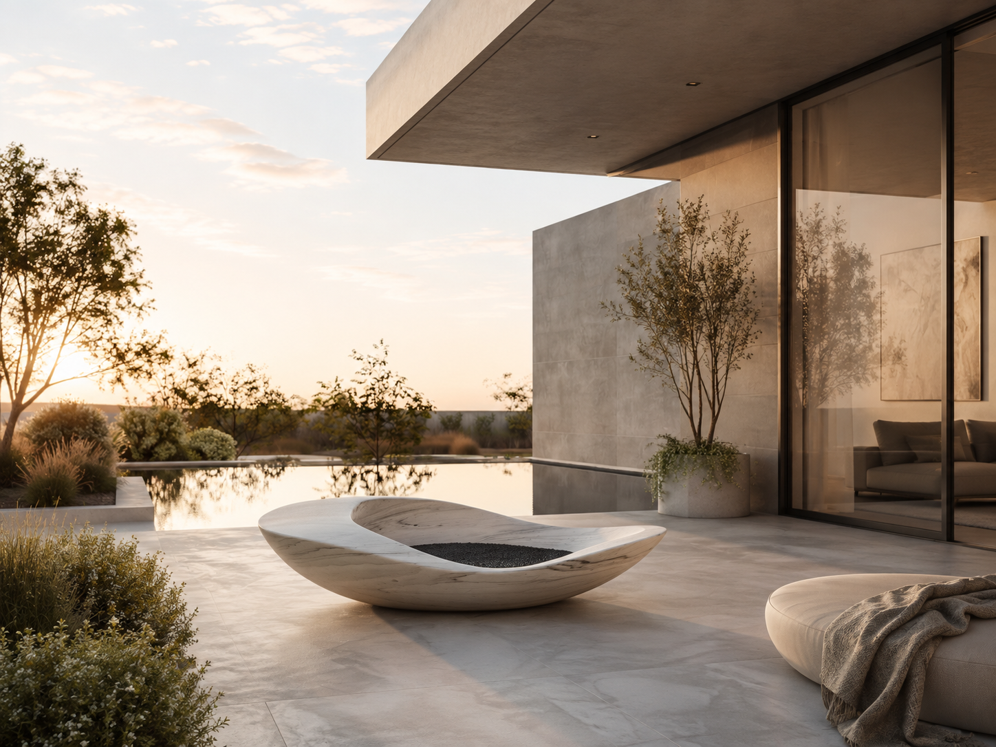 Perlata white marble fireplace by 1-OPH in a Dubai terrace setting