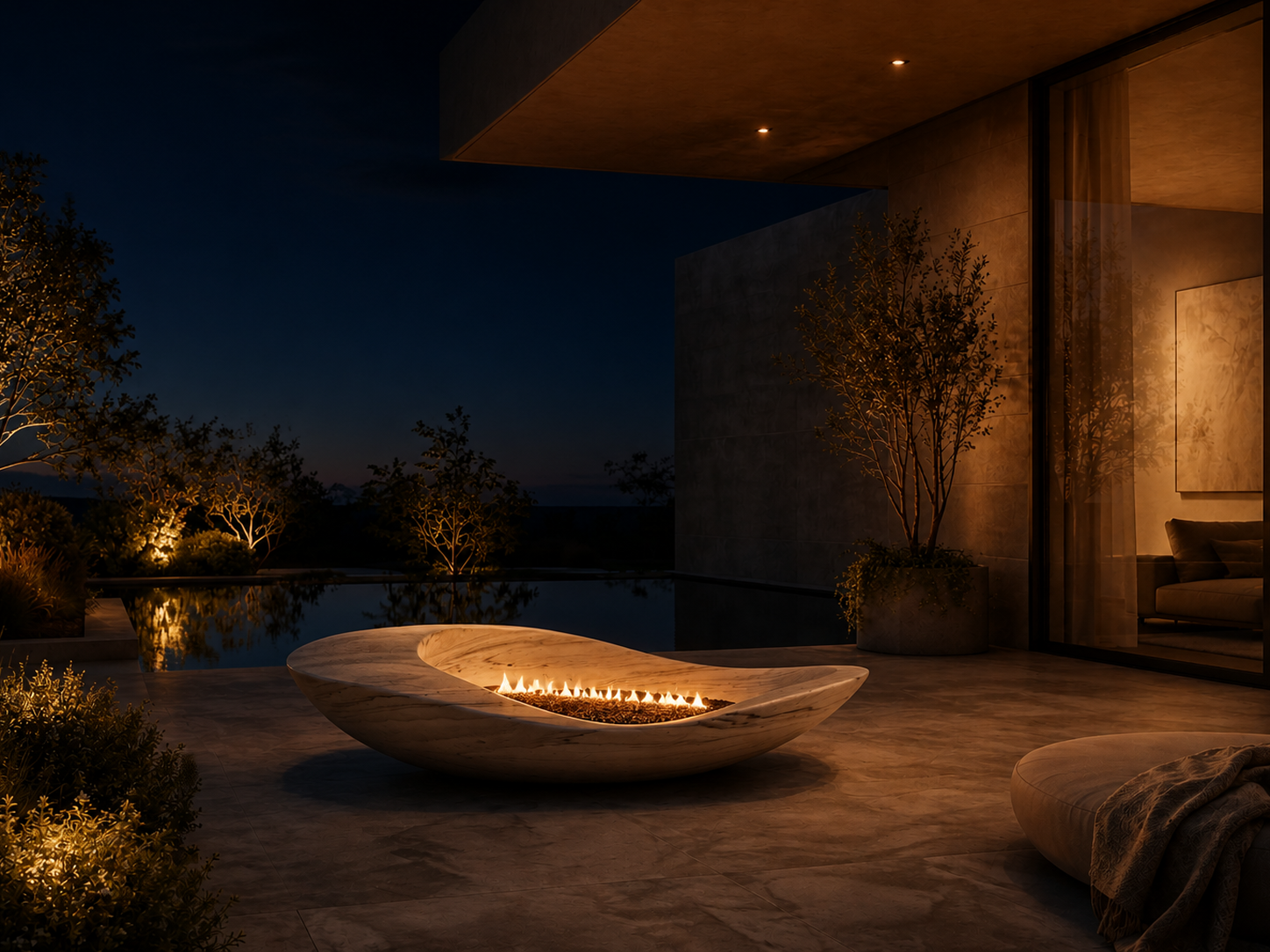 Perlata white marble fireplace by 1-OPH lit at night