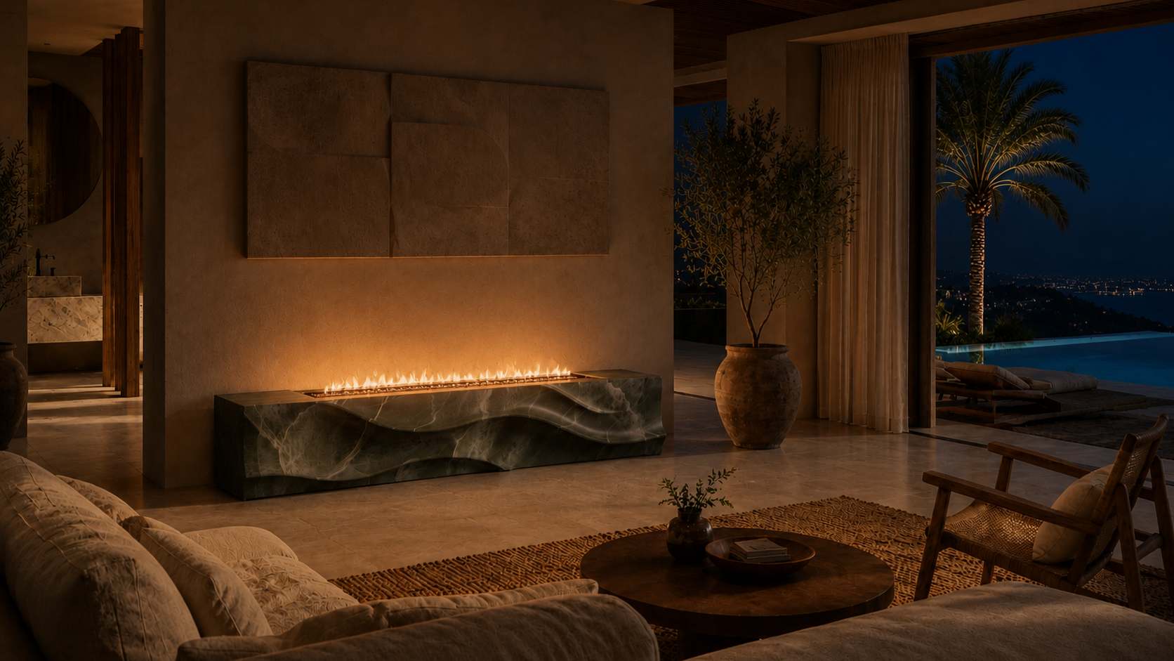 Silvara green marble fireplace by 1-OPH lit at night