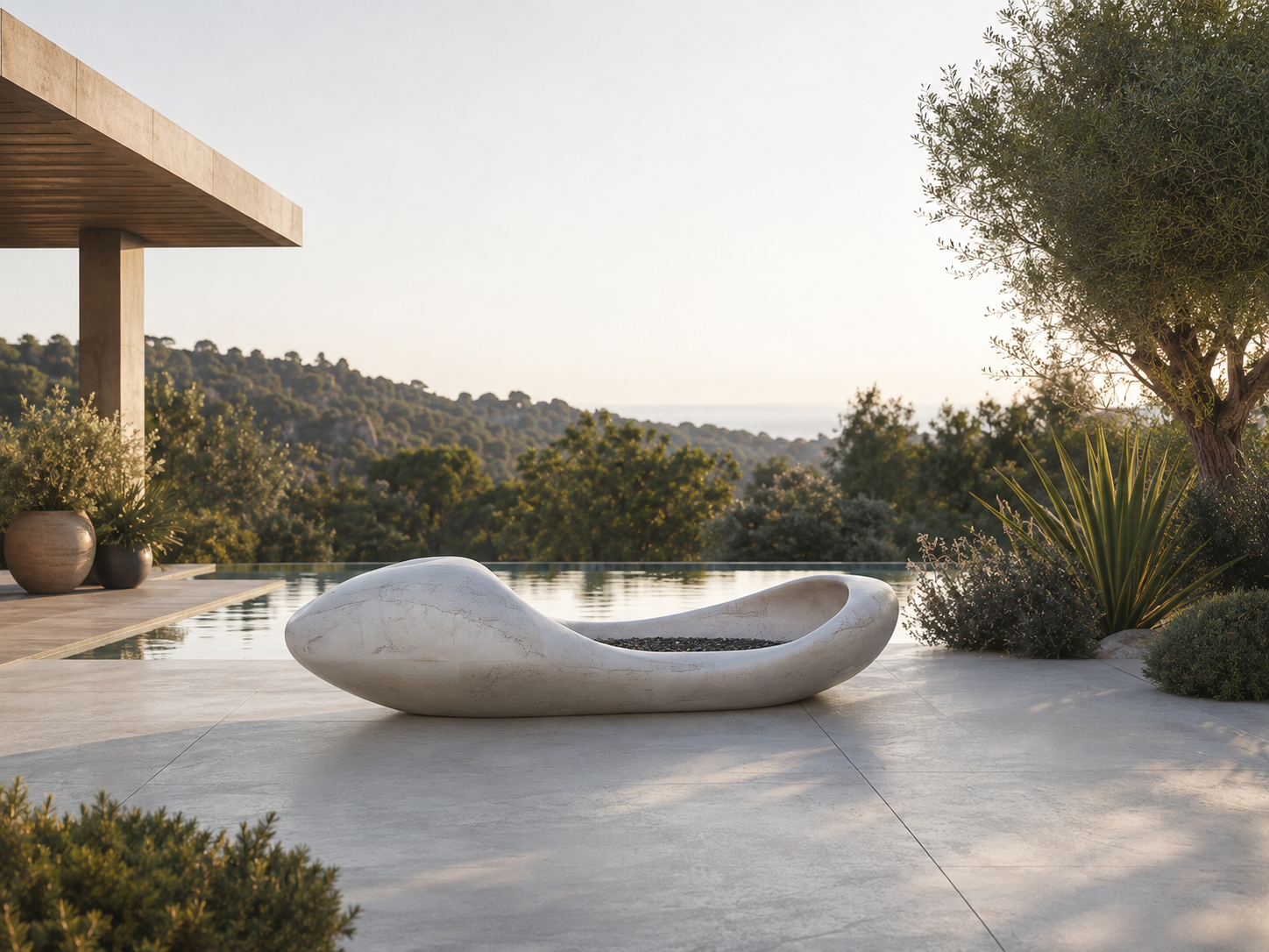 Candira white marble fireplace by 1-OPH in a Dubai terrace setting