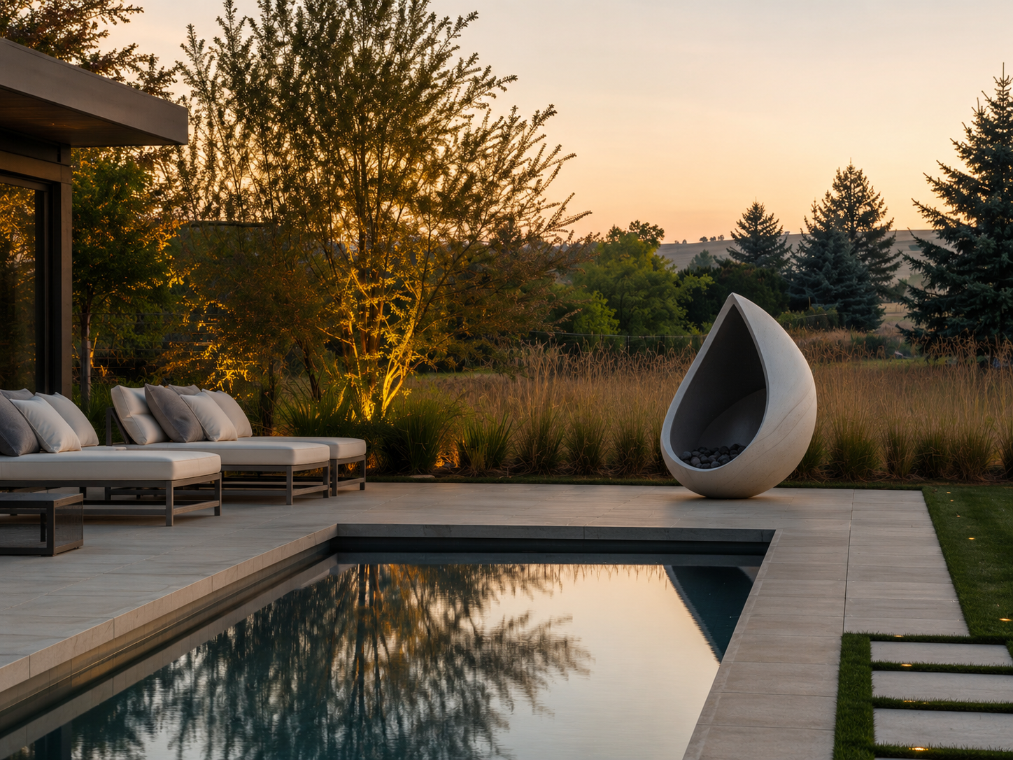 Vespera white stone fireplace by 1-OPH in a Dubai terrace setting