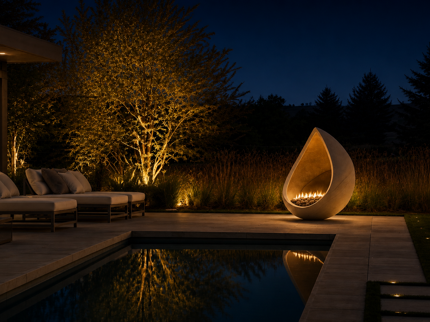 Vespera white stone fireplace by 1-OPH lit at night