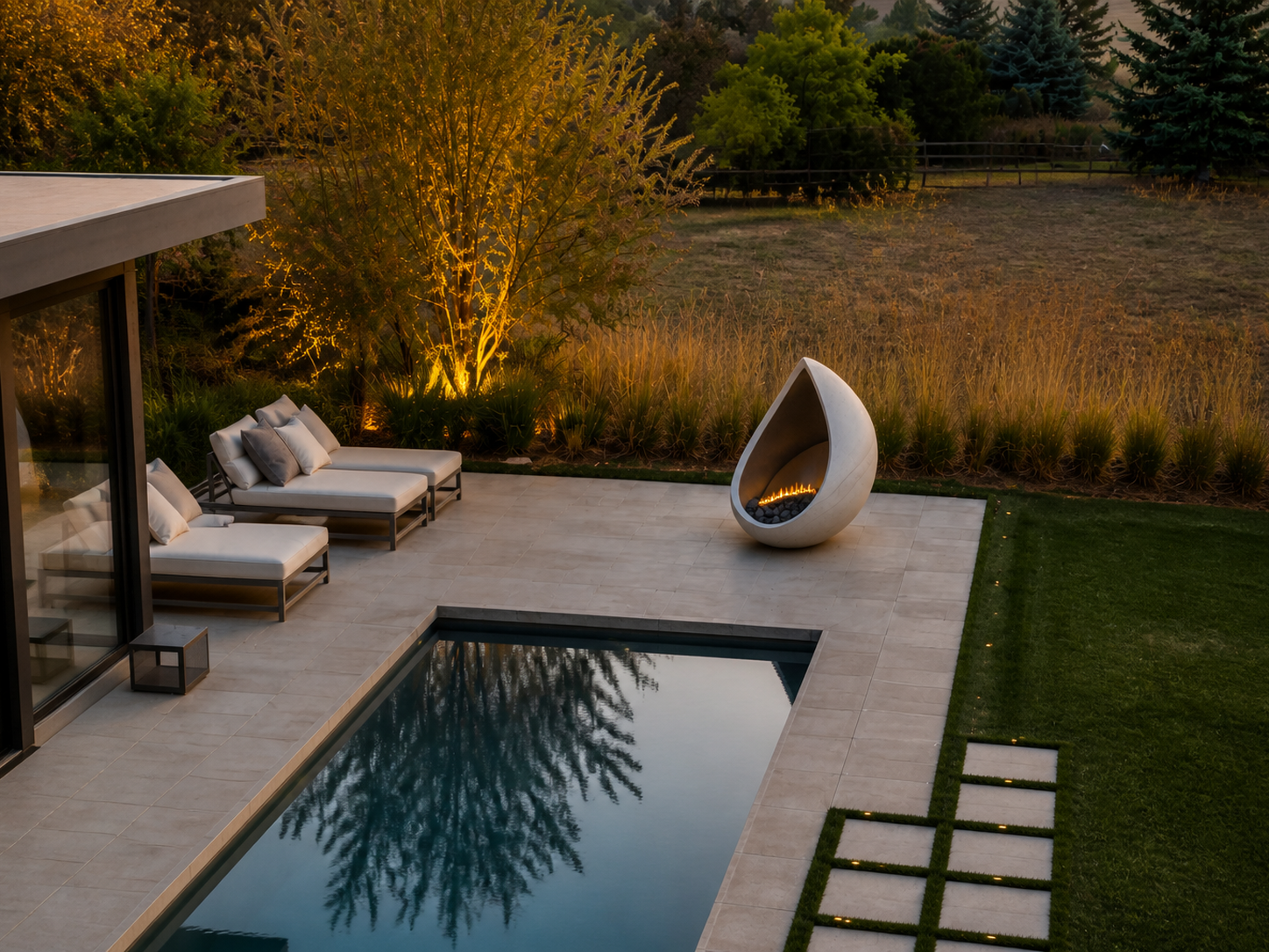 Vespera white stone fireplace by 1-OPH seen from above