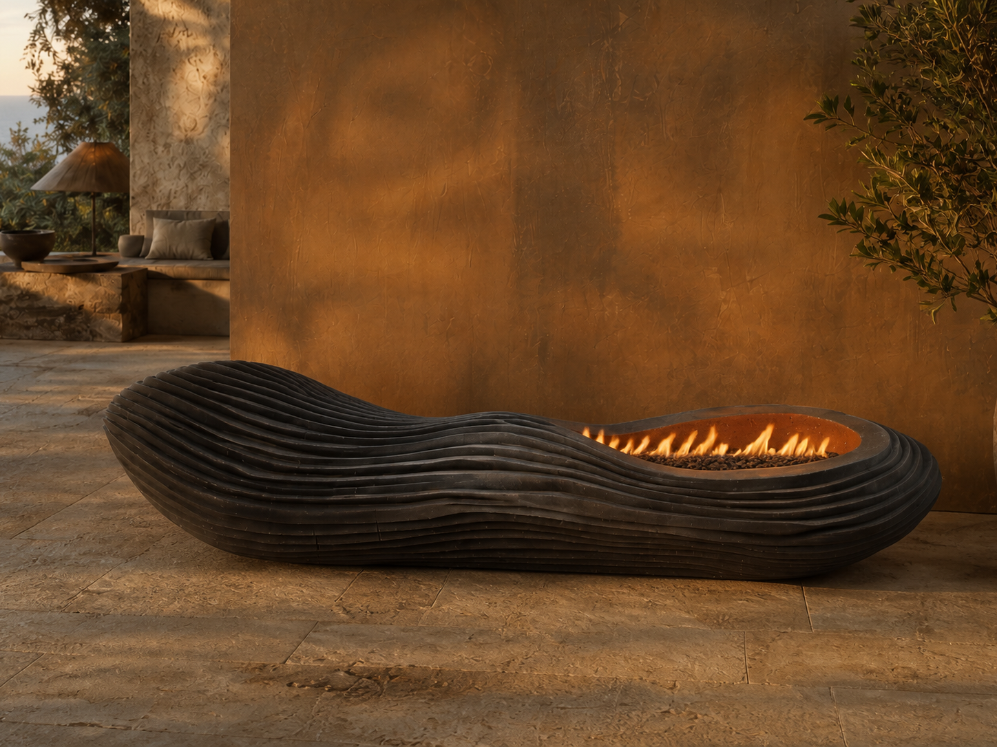 Scorena black marble fireplace by 1-OPH close detail of the lit burner
