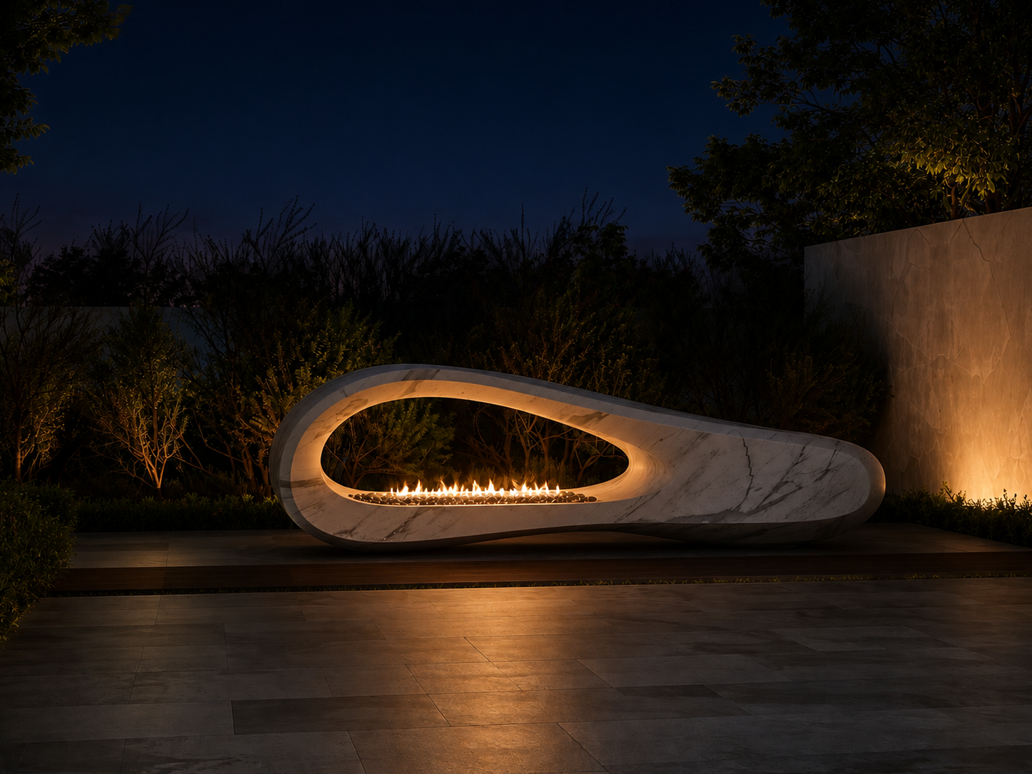 Lucera white marble fireplace by 1-OPH lit at night