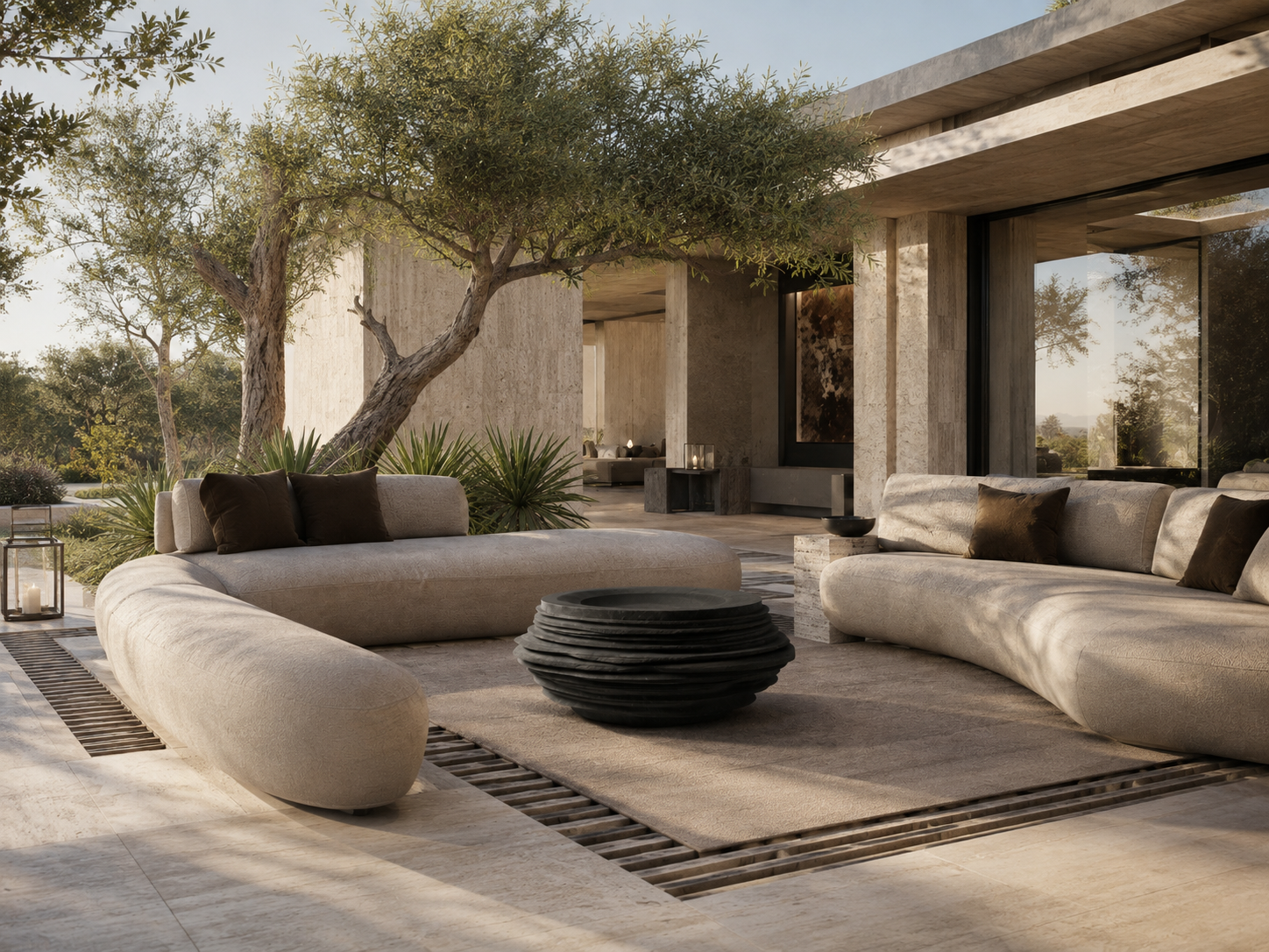 Caldera black stone fireplace by 1-OPH in a Dubai terrace setting