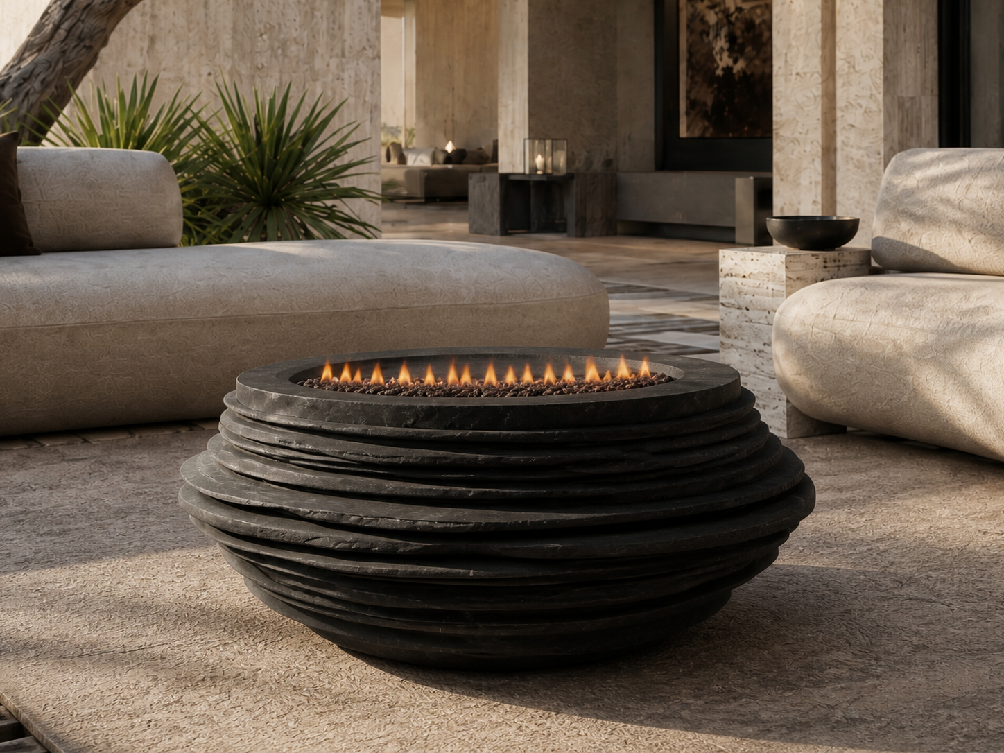 Caldera black stone fireplace by 1-OPH close detail of the lit burner