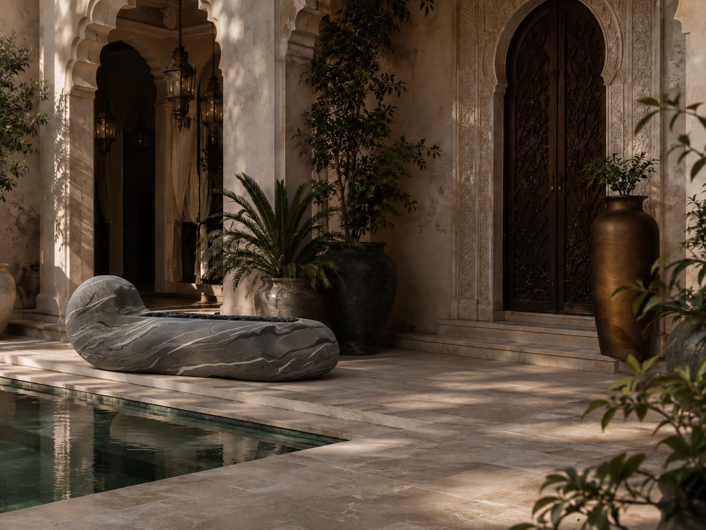 Rocara grey marble fireplace by 1-OPH in a Dubai terrace setting
