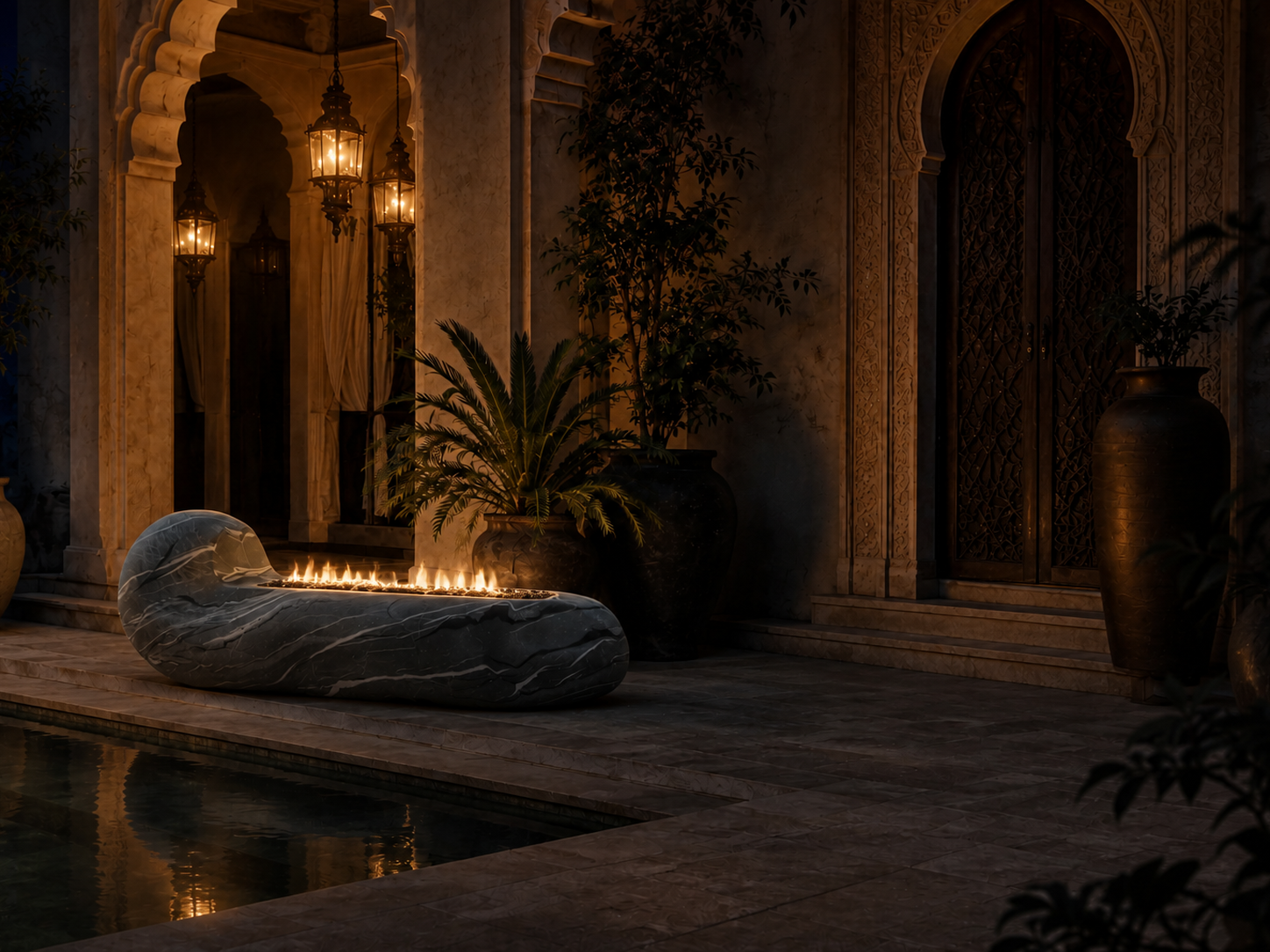 Rocara grey marble fireplace by 1-OPH lit at night