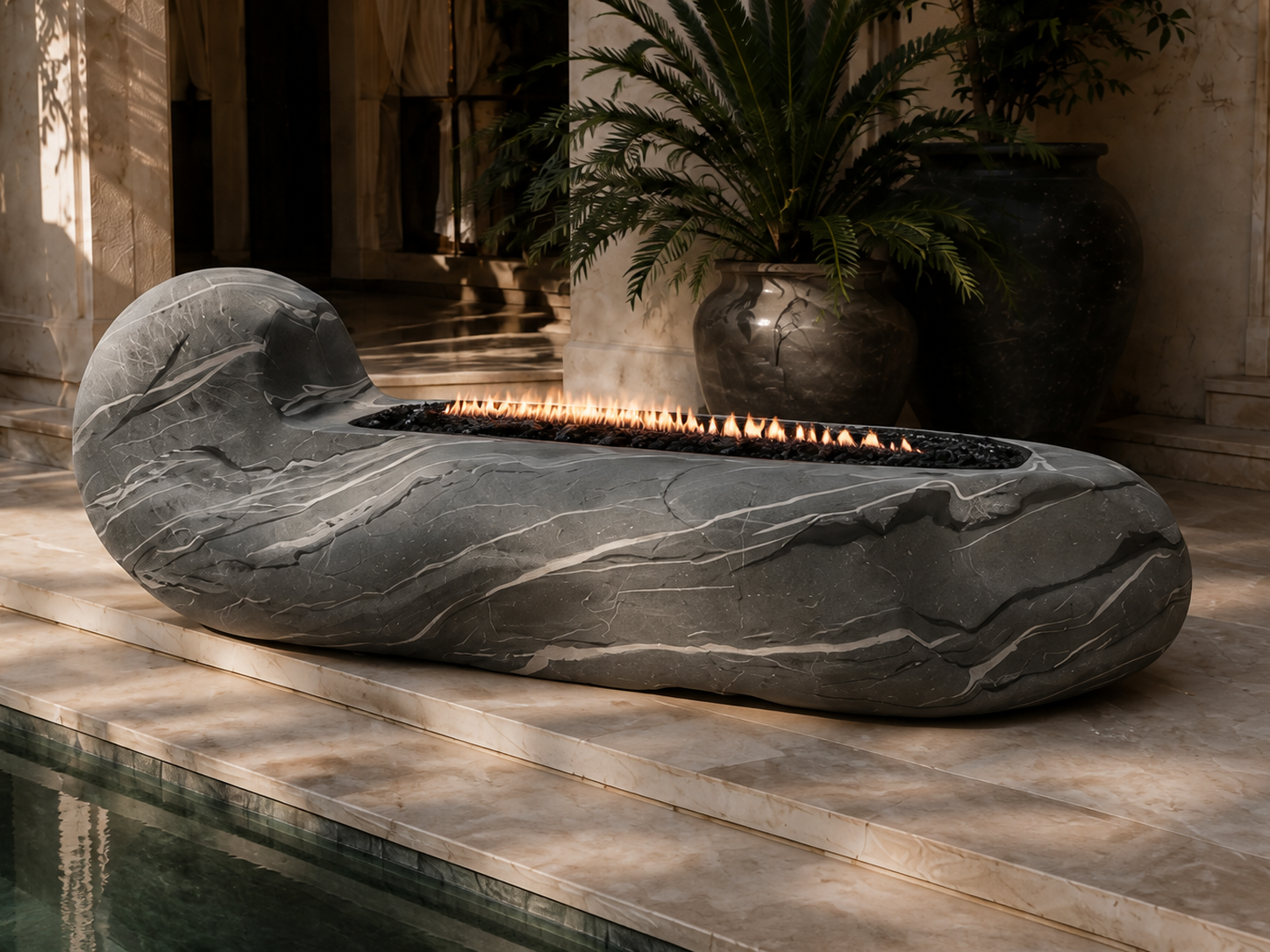 Rocara grey marble fireplace by 1-OPH close detail of the lit burner