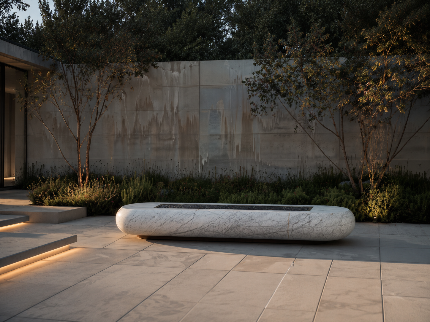 Lattea white marble fireplace by 1-OPH in a Dubai terrace setting