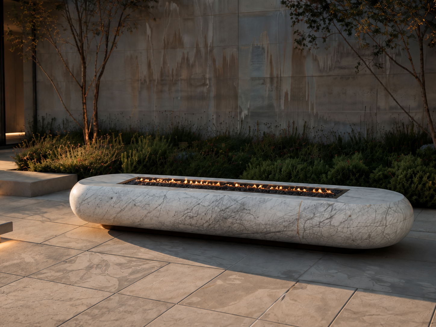 Lattea white marble fireplace by 1-OPH close detail of the lit burner