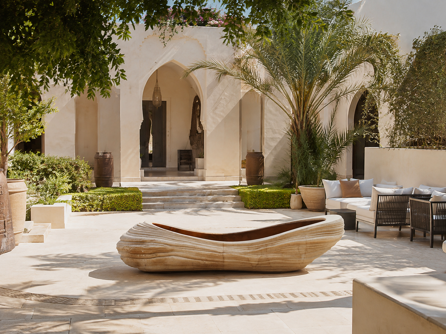 Arenara beige stone fireplace by 1-OPH in a Dubai terrace setting