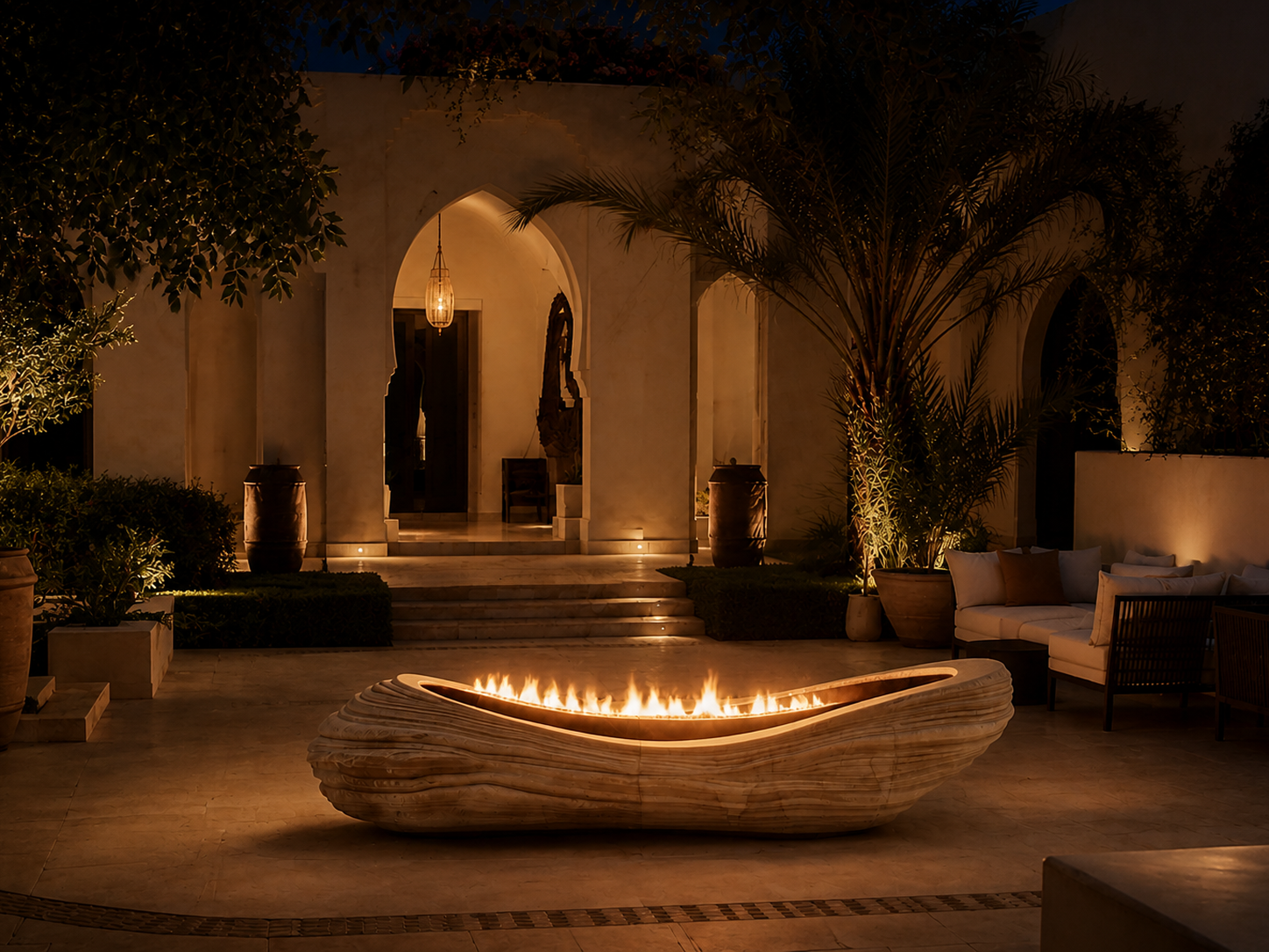 Arenara beige stone fireplace by 1-OPH lit at night