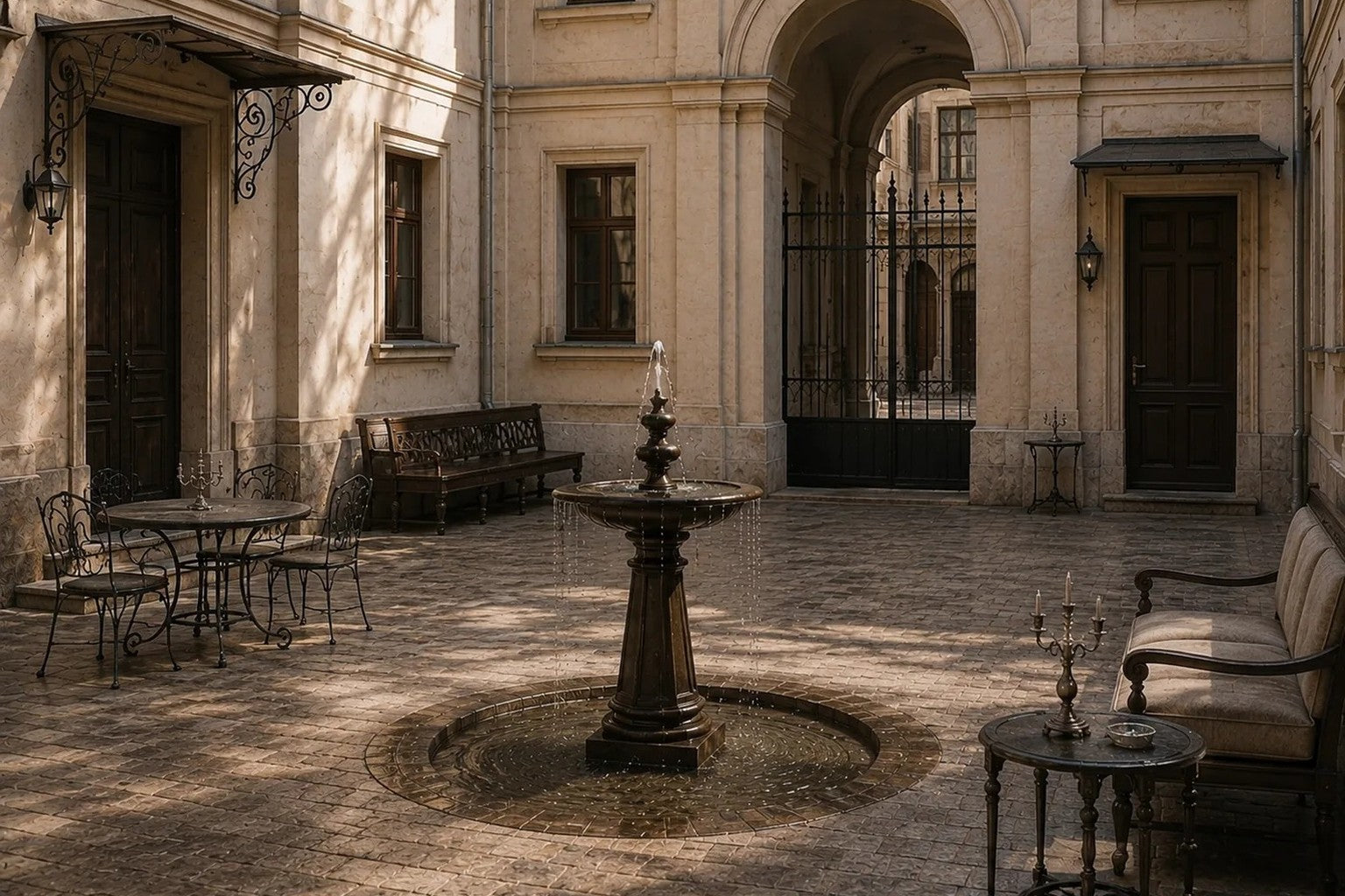 Stone pedestal fountain Mirala Ø65, dark charcoal, on a pale stone floor.