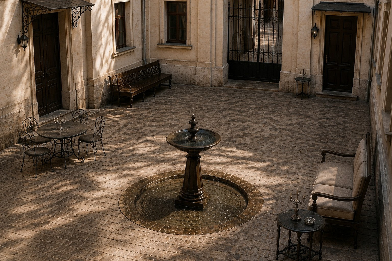 Stone pedestal fountain Mirala Ø65, dark charcoal, on a pale stone floor.