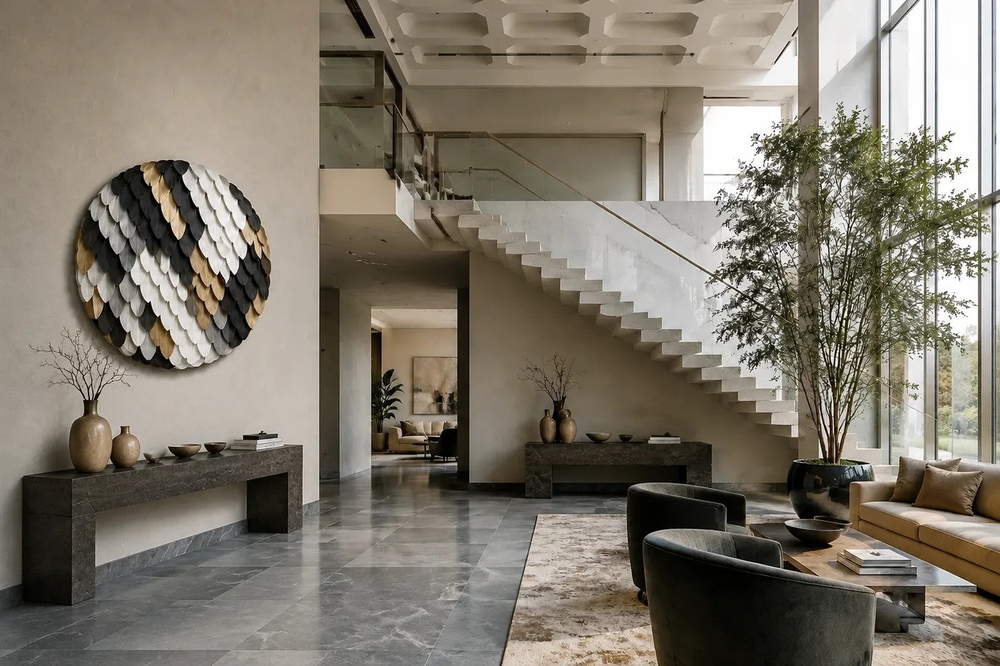 Brass and graphite brass wall sculpture Bilancia, two spun discs set to counterweight across a turned pivot, on a plaster wall.