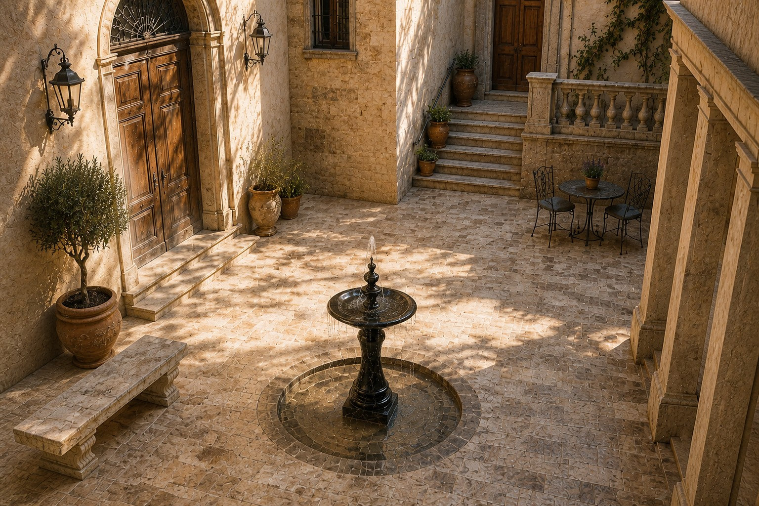Stone pedestal fountain Nasima Ø65, black with gold and amber veining, on a pale stone floor.