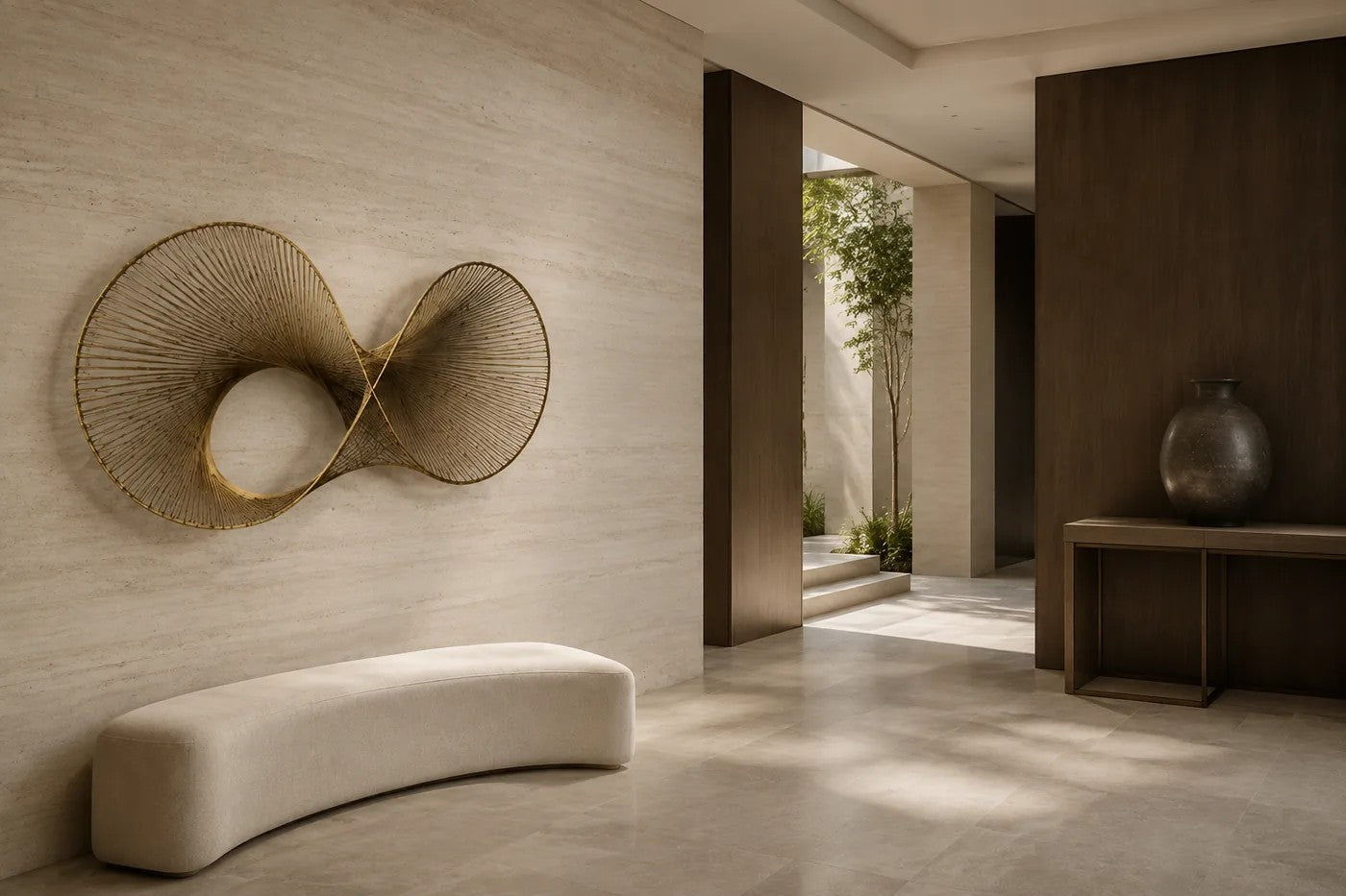 Charcoal steel wall sculpture Telaio, fine wire strung in parallel across a rectangular frame, on a plaster wall.