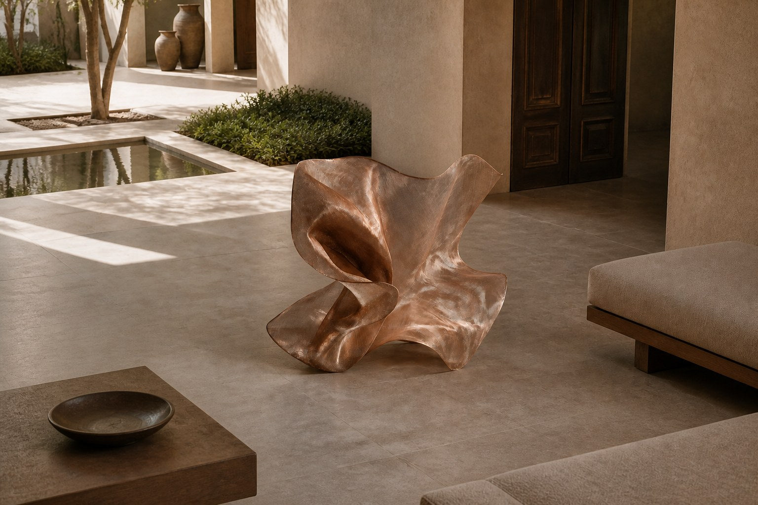 Rose copper woven wire sculpture Nihal, folded planes furling in on themselves around a glimpsed interior.