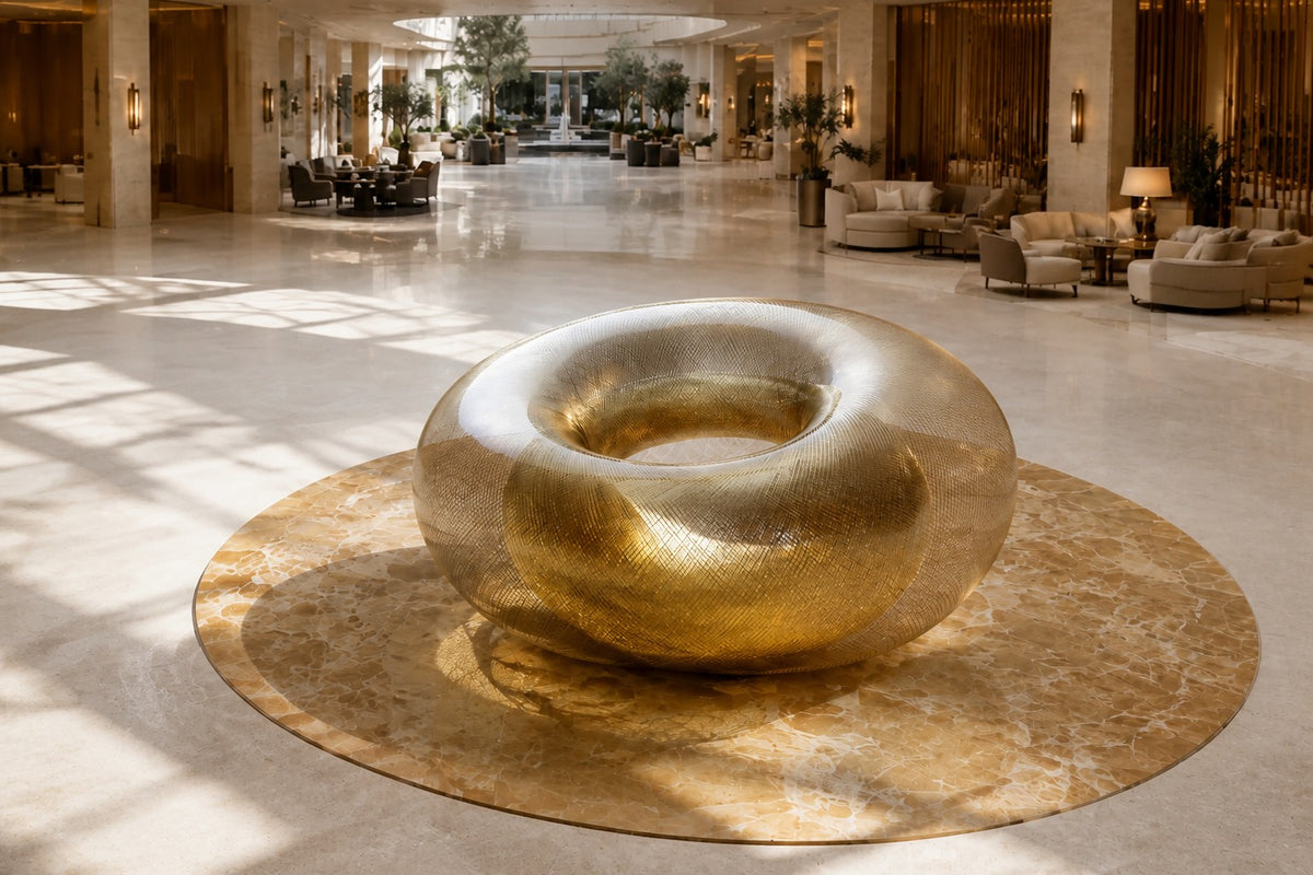 Woven brass wire torus sculpture Nunki Ø120, reading as solid gold where the mesh doubles and open gauze at the edges.