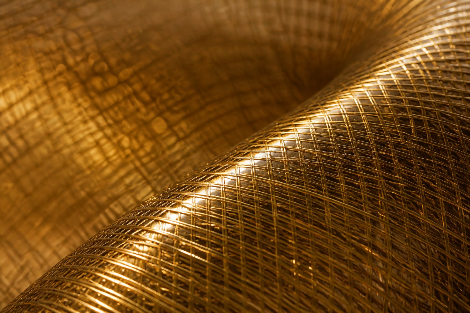 Woven brass wire torus sculpture Nunki Ø120, reading as solid gold where the mesh doubles and open gauze at the edges.