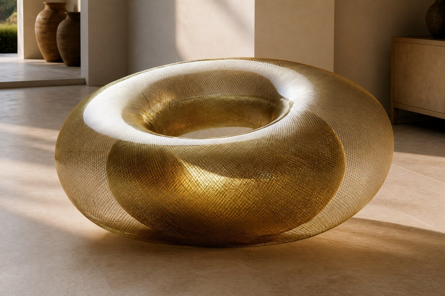 Woven brass wire torus sculpture Nunki Ø120, reading as solid gold where the mesh doubles and open gauze at the edges.