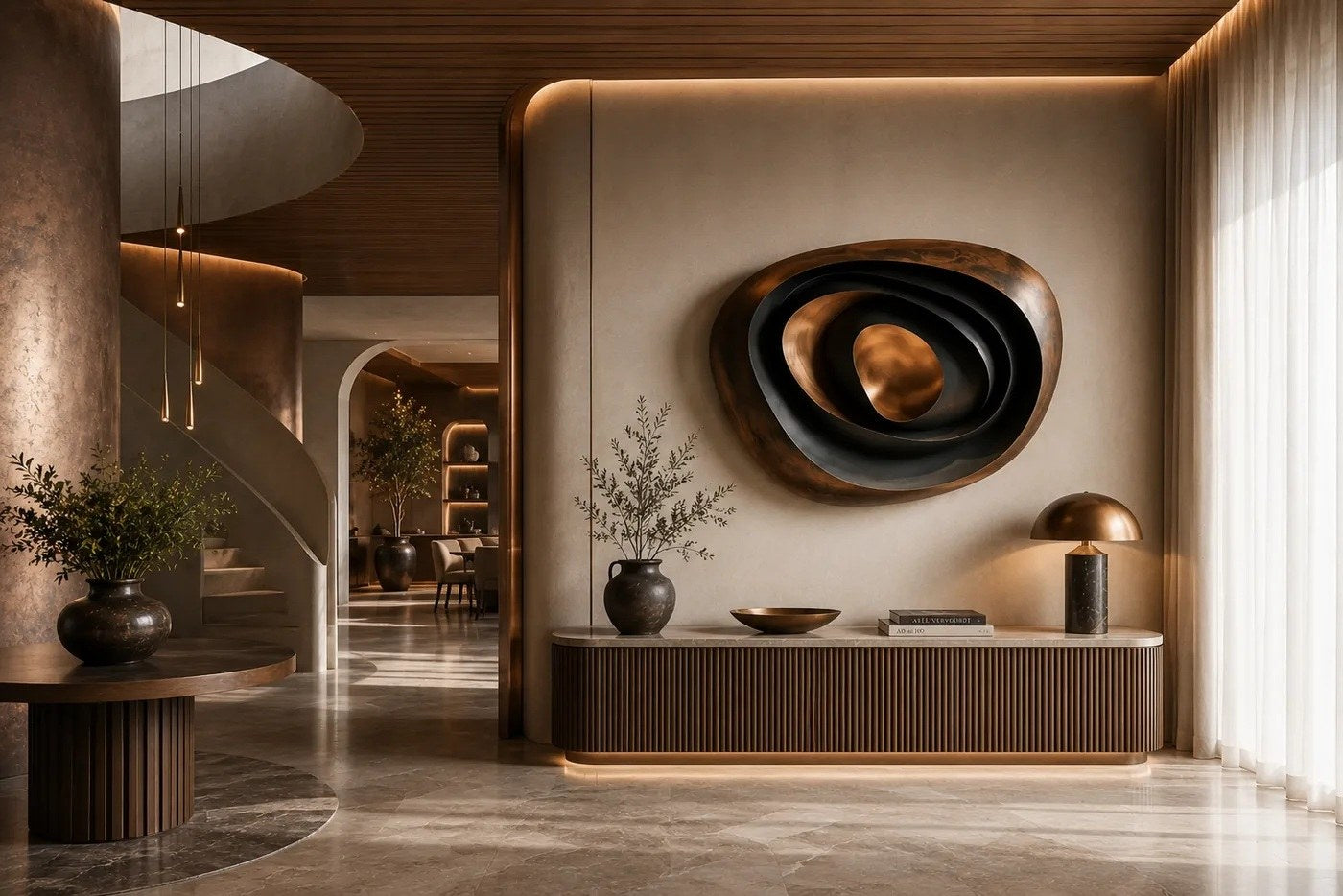 Nested ovoid bronze rings in rust and blue-grey around a polished copper core, on a stone floor.