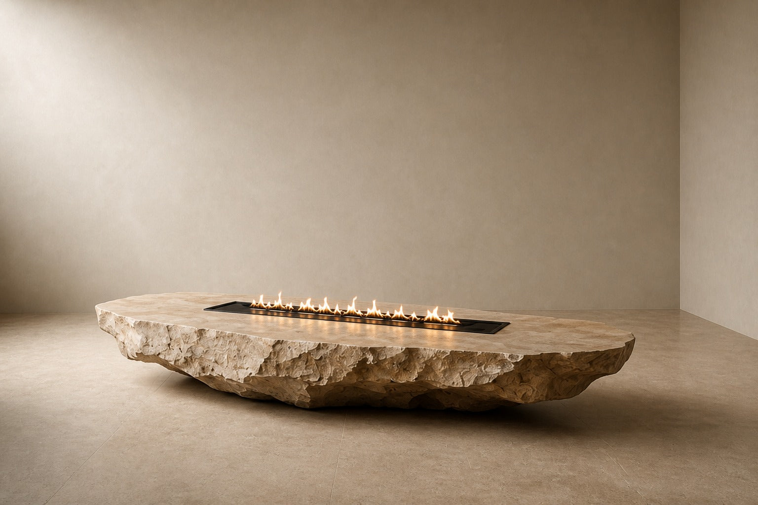 Pale limestone fire table Nuran 220, warm pale cream, on a pale stone floor.