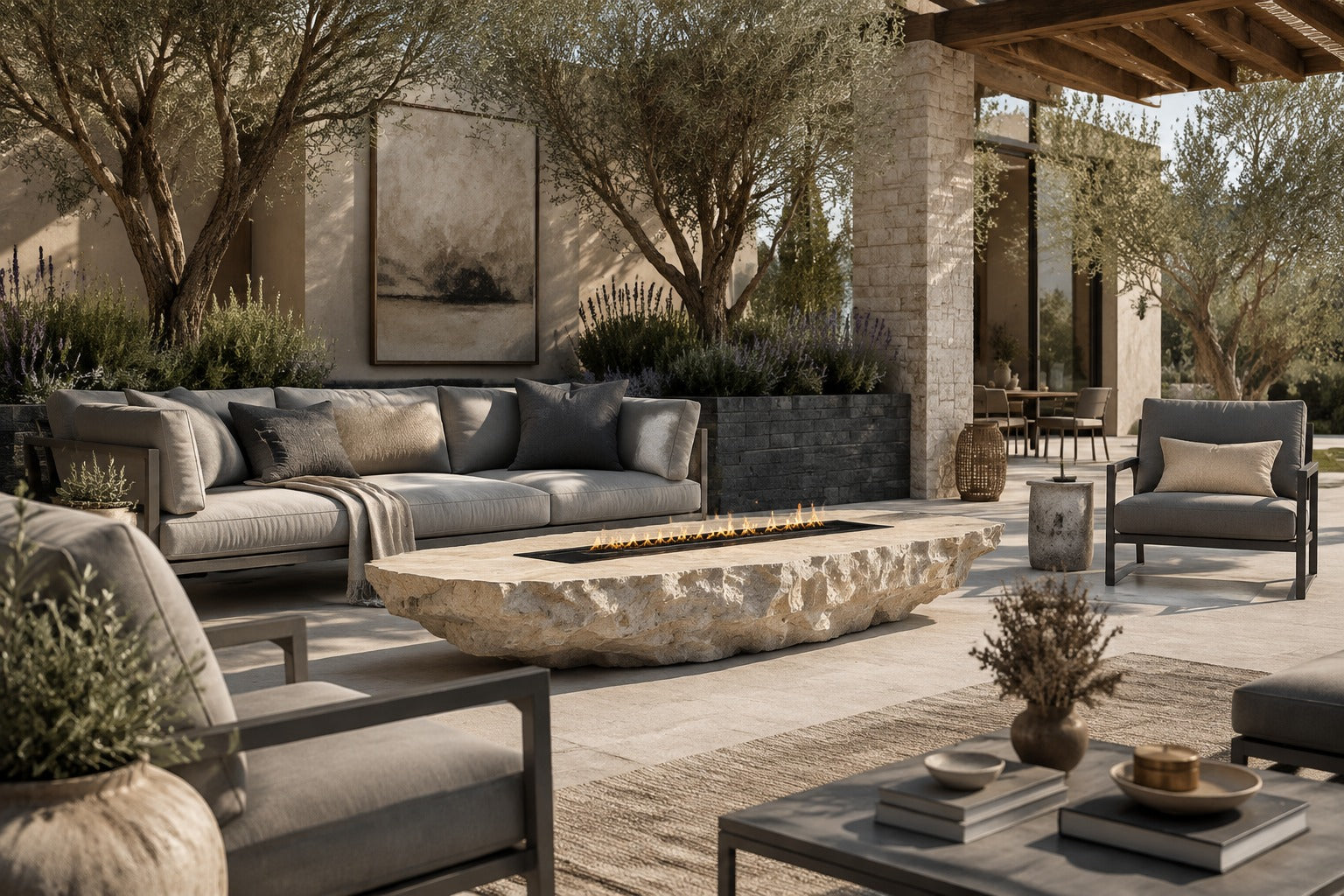 Pale limestone fire table Nuran 220, warm pale cream, on a pale stone floor.