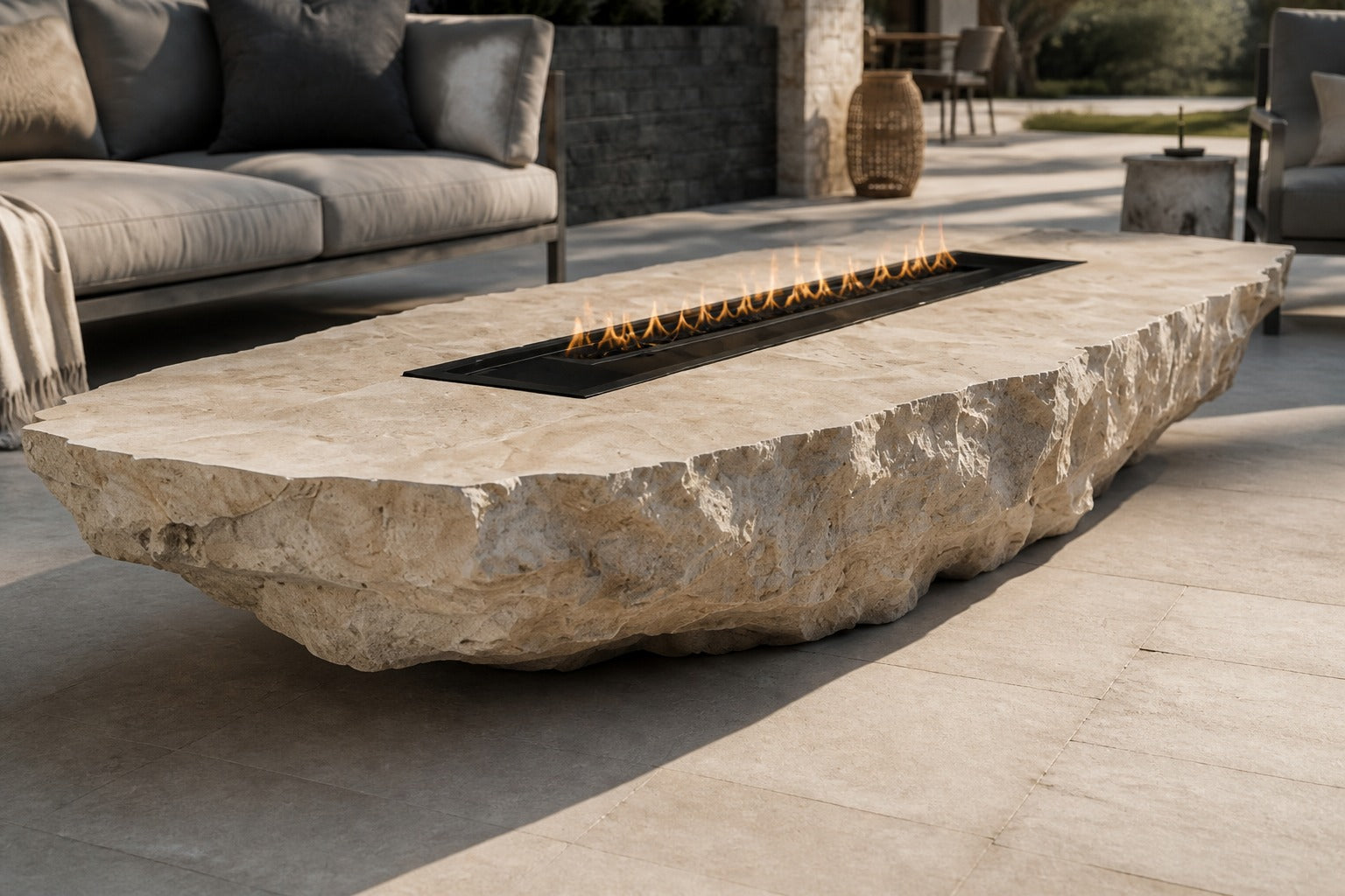 Pale limestone fire table Nuran 220, warm pale cream, on a pale stone floor.