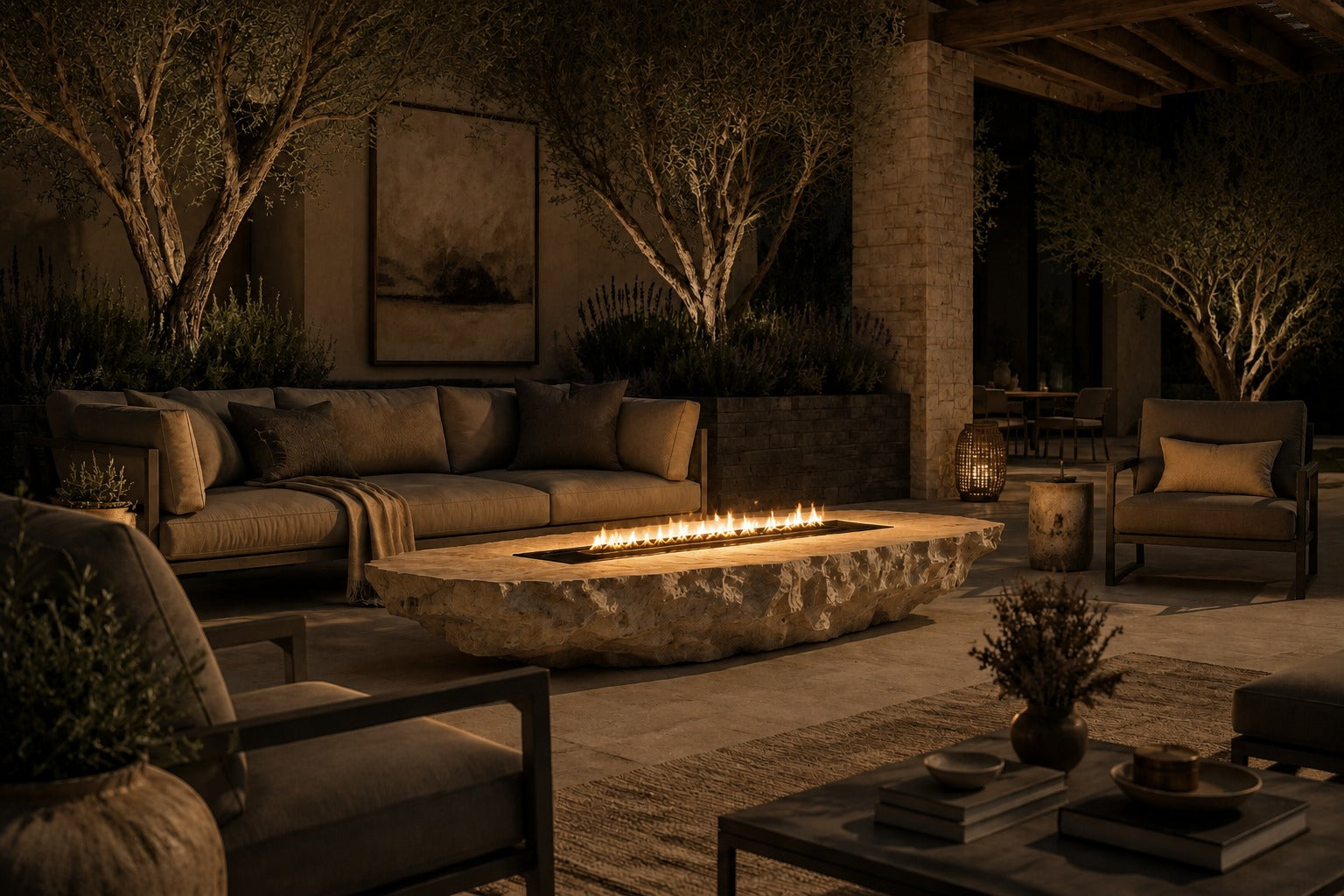 Pale limestone fire table Nuran 220, warm pale cream, on a pale stone floor.