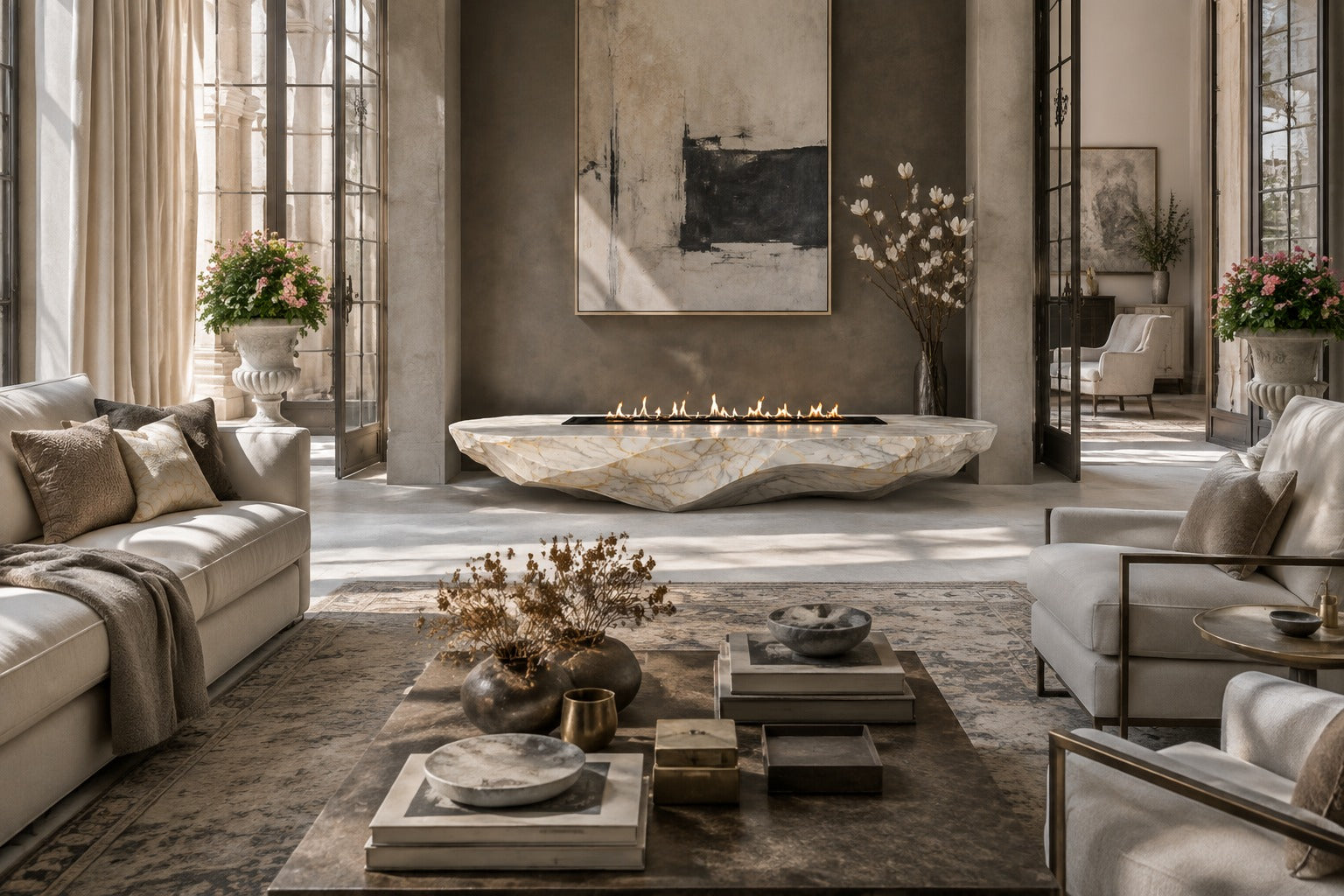 Calacatta marble fire table Onara 220, white with gold and grey veining, on a pale stone floor.